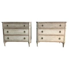 Antique 1870c Light Grey Pair of Gustavian Style Three Drawer Commodes, Italy