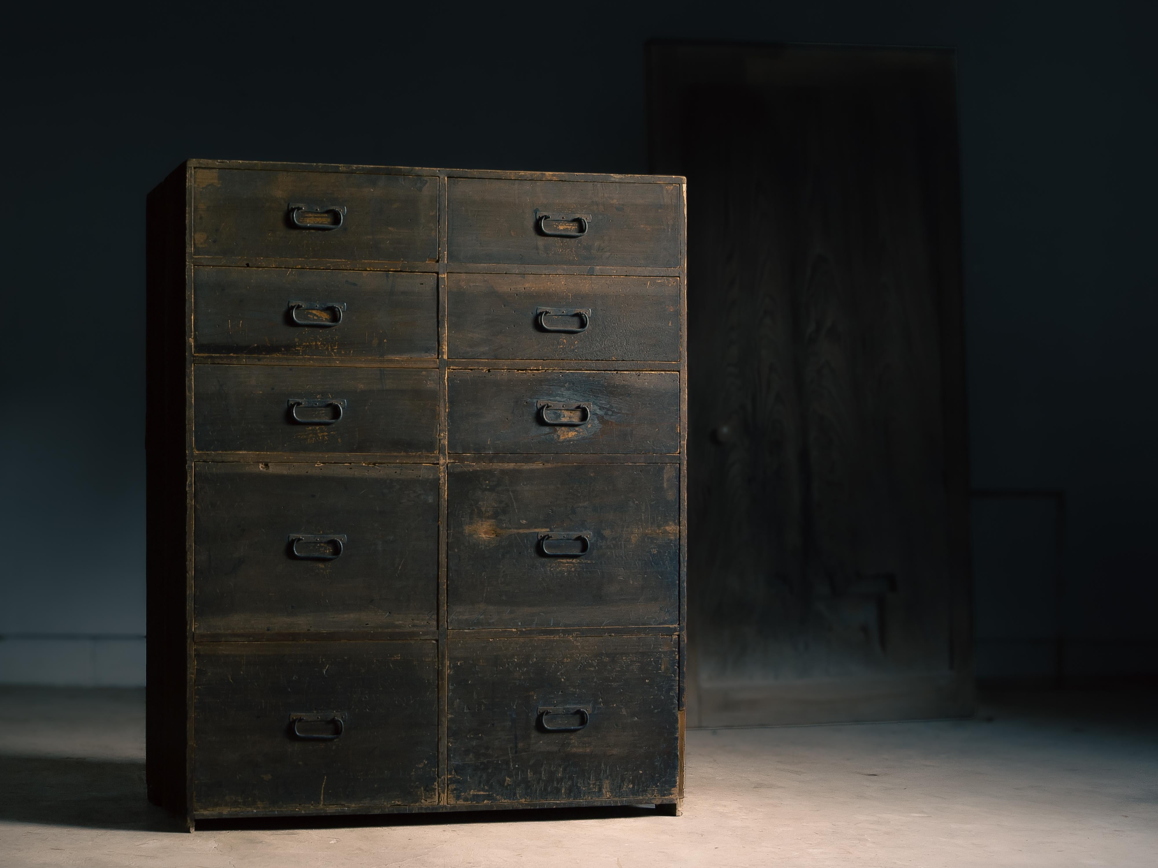 Japanese antique Isho tansu (chest of drawers for clothing), product of Meiji era, around 1870s - 1910s, which was known to the unique style mixture of traditional & western influence. Tansu's characteristic, decorative hardwares almost gone because