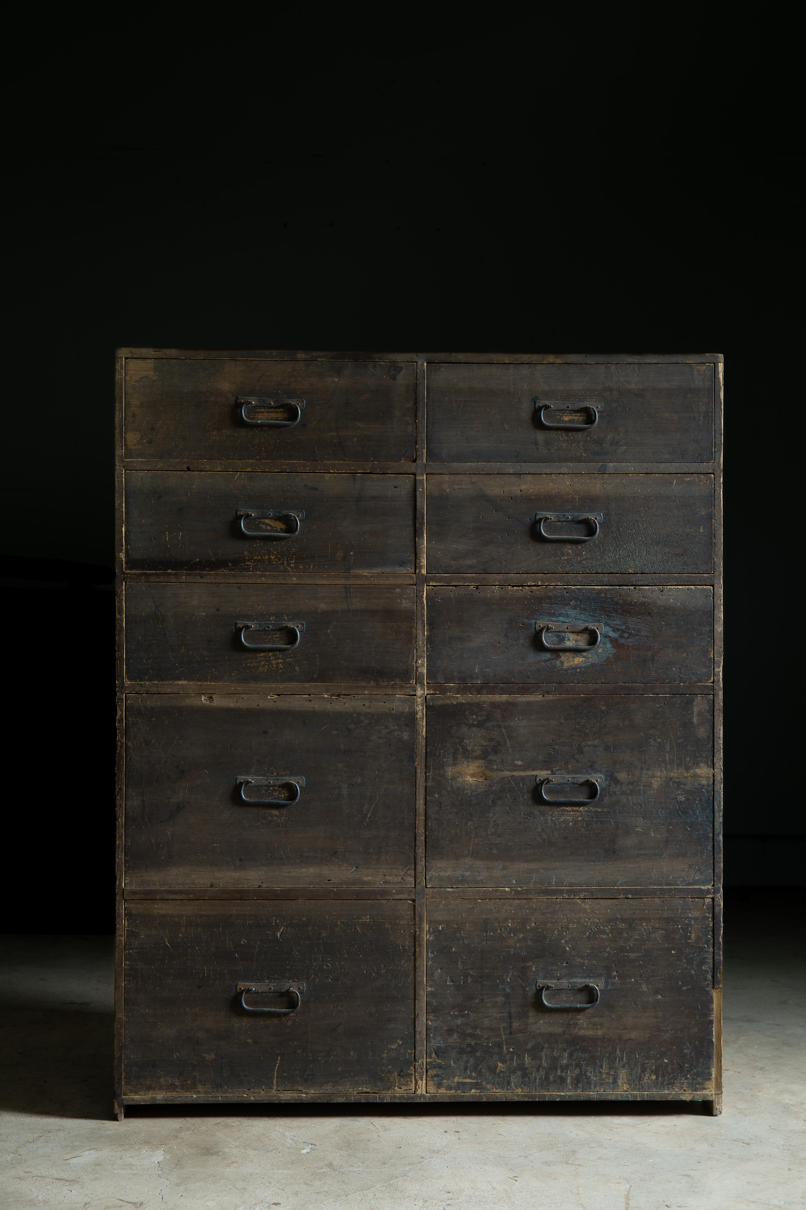 Lacquered 1870s-1910s Japanese antique Isho tansu, clothes chest of drawers, wabi sabi
