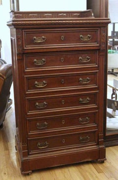 1870s Antique Carved Dark Tone Mahogany Tall Boy Dresser with Six Drawers + Key