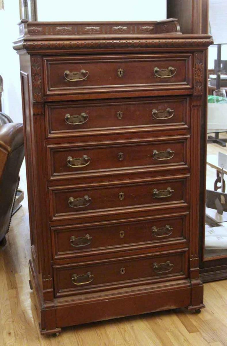 1870s Antique Carved Dark Tone Mahogany Tall Boy Dresser with Six Drawers + Key at 1stDibs