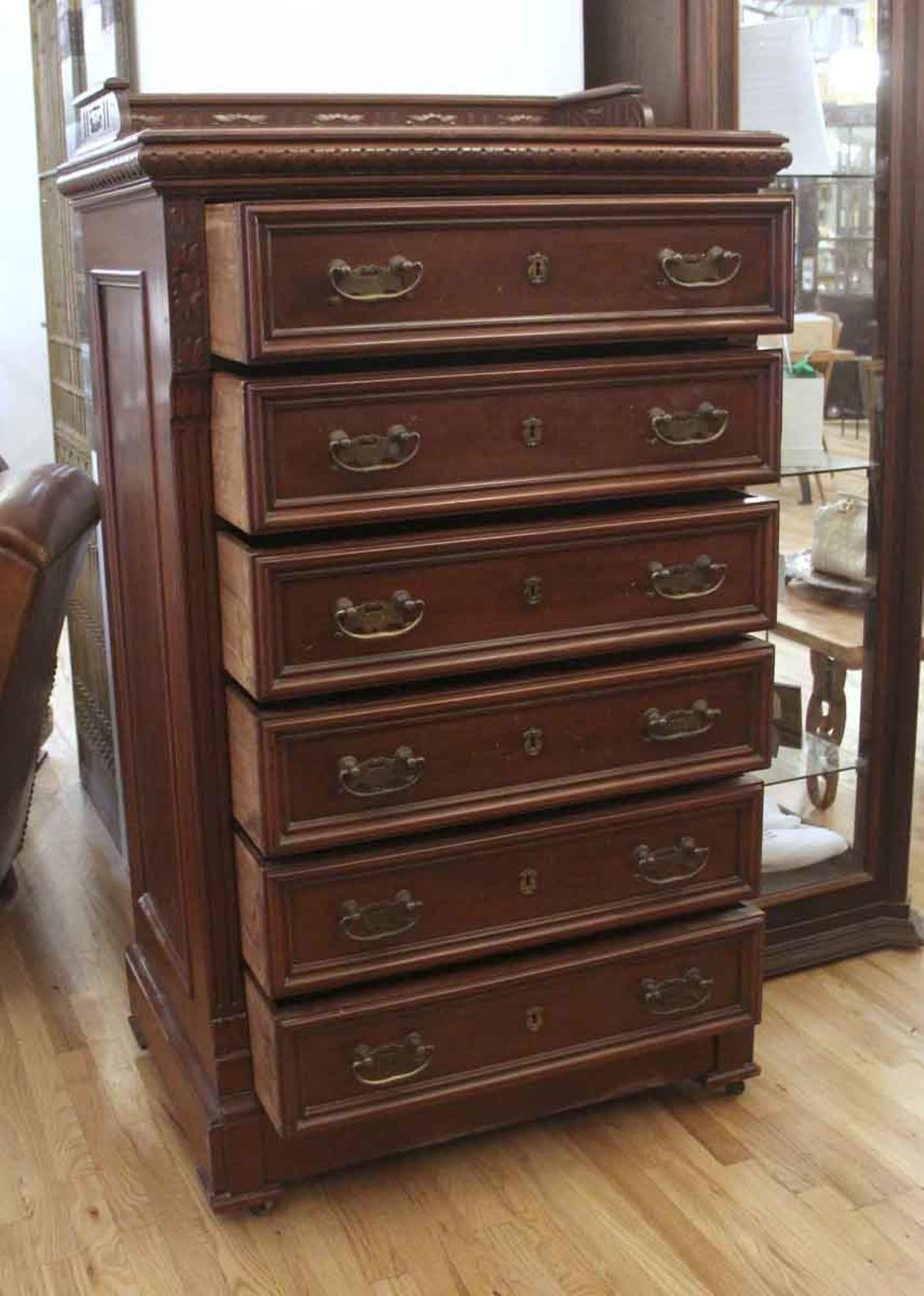 1870s Antique Carved Dark Tone Mahogany Tall Boy Dresser with Six Drawers + Key In Good Condition In New York, NY