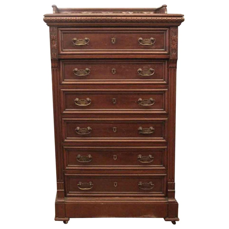 1870s Antique Carved Dark Tone Mahogany Tall Boy Dresser with Six