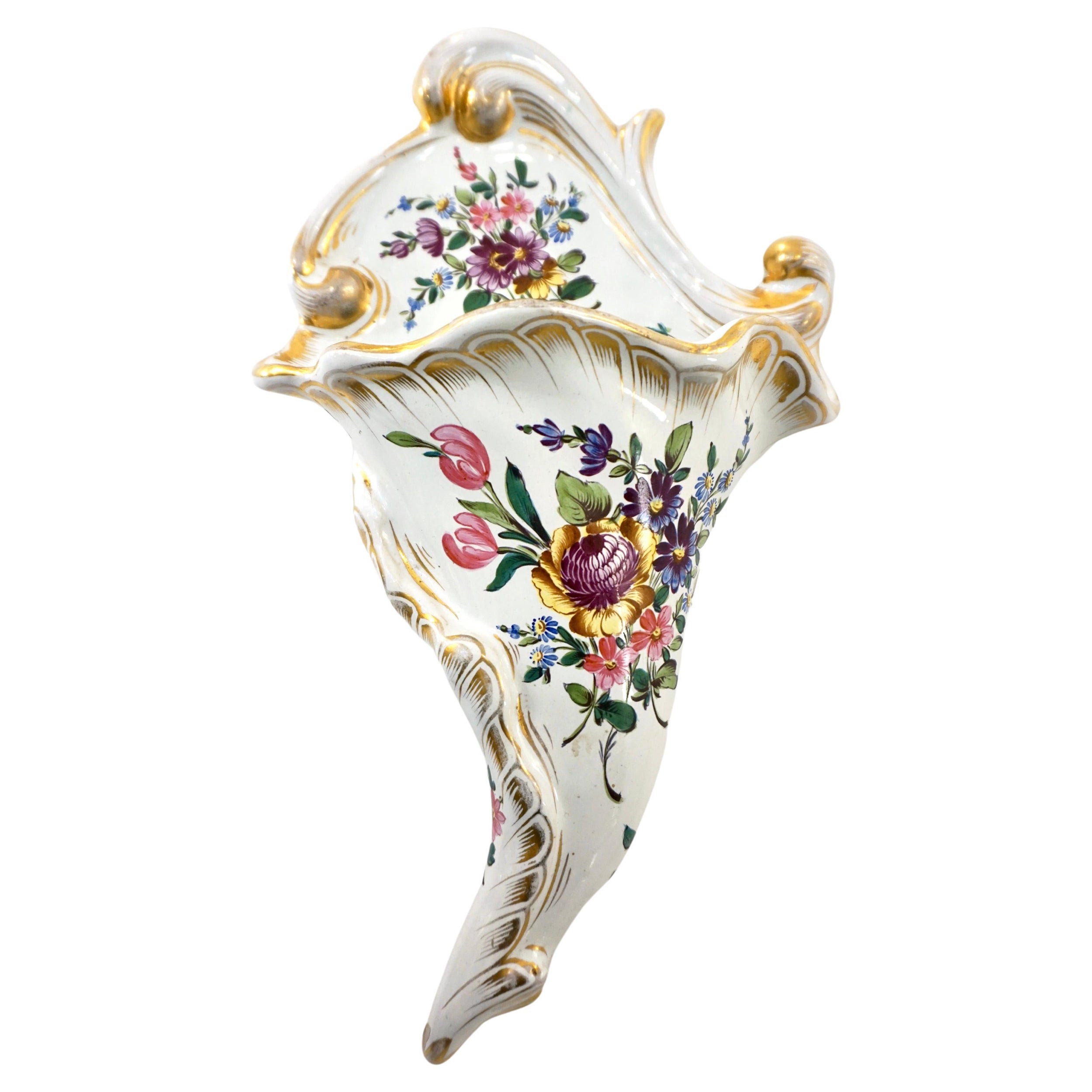 1870s Antique French Faience Pottery White Pink Gold Flower Holder Wall Pocket