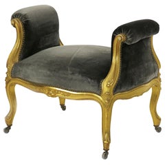 1870s Antique French Foot Stool in Louis XV Style, Upholstered in Gray Velour