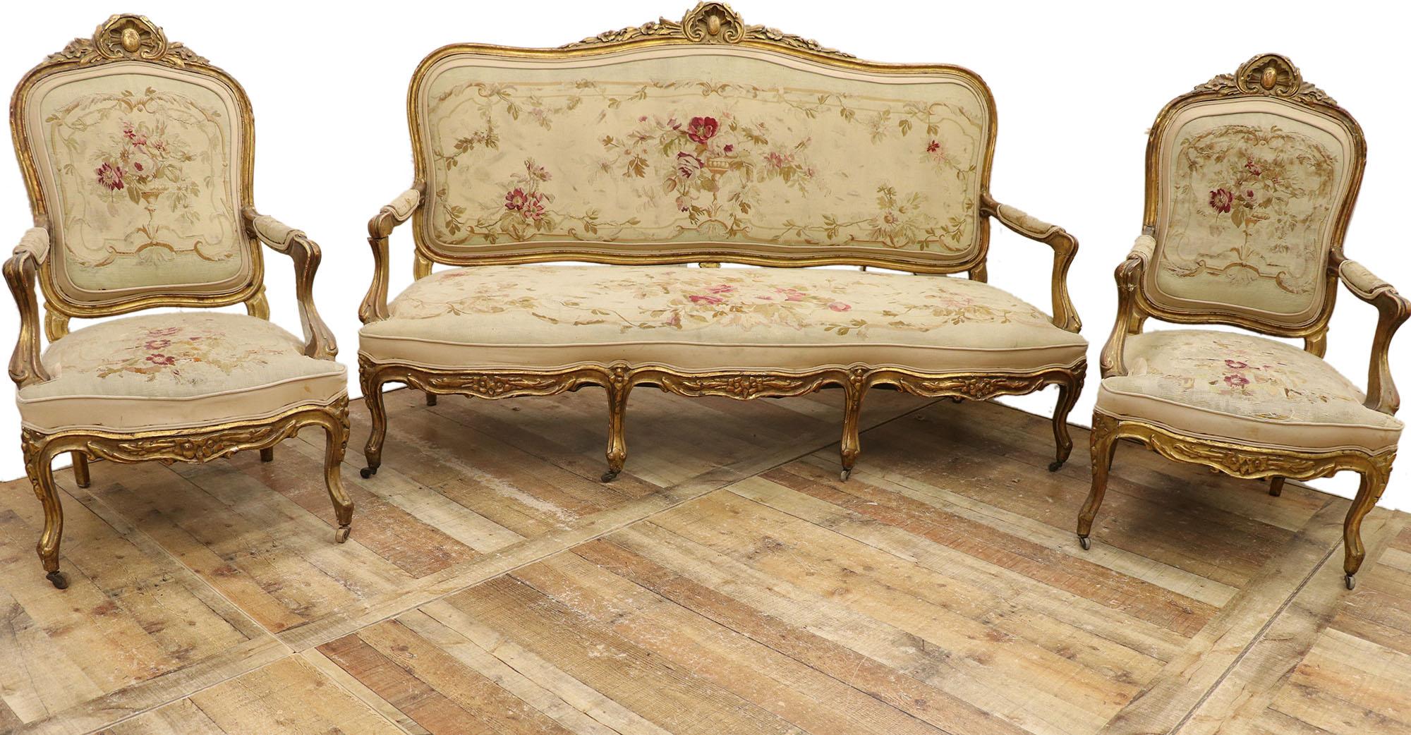 1870's Antique French Giltwood Aubusson Salon Set, Settee and Fauteuils For Sale 7