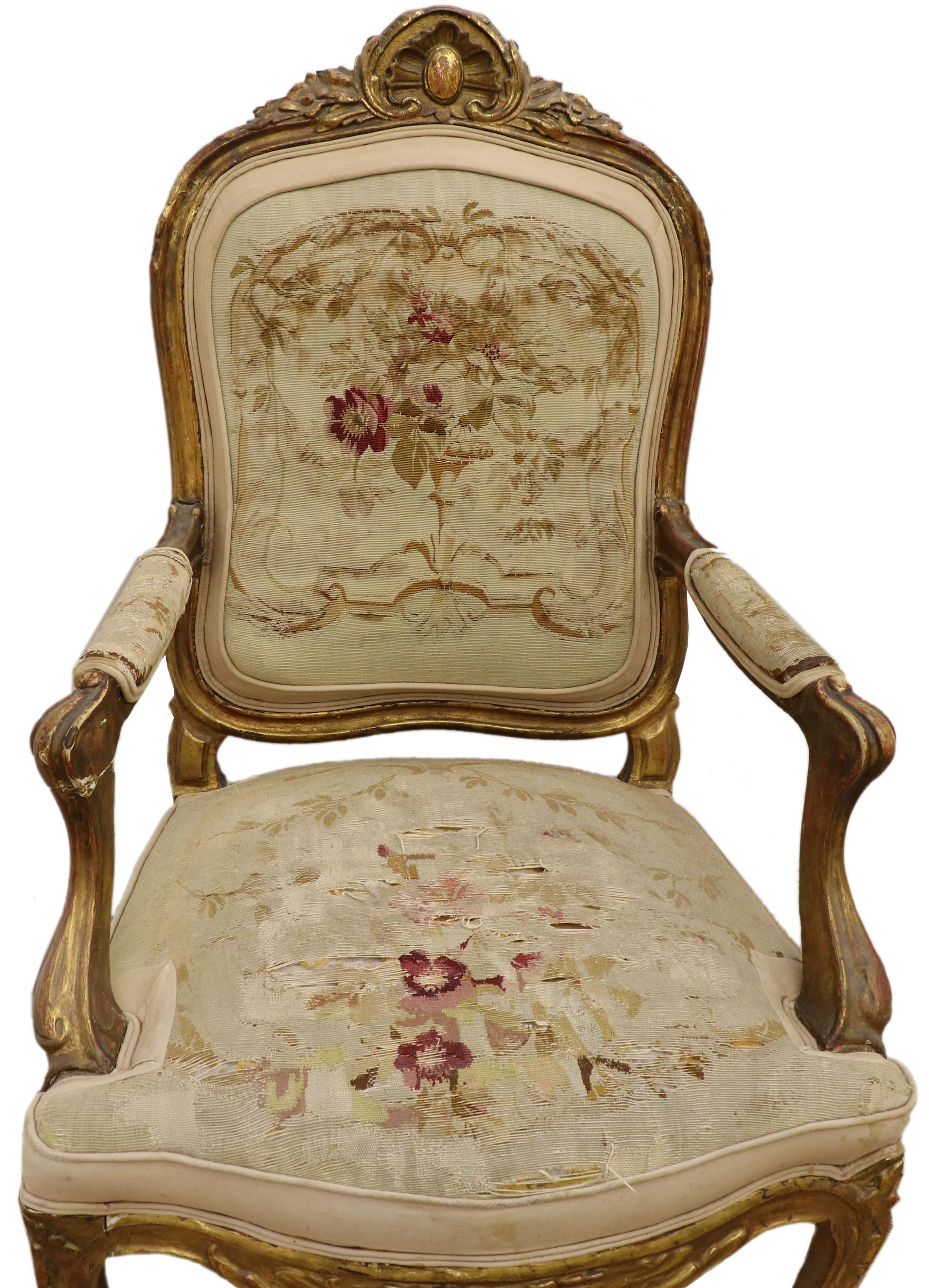 1870's Antique French Giltwood Aubusson Salon Set, Settee and Fauteuils For Sale 9