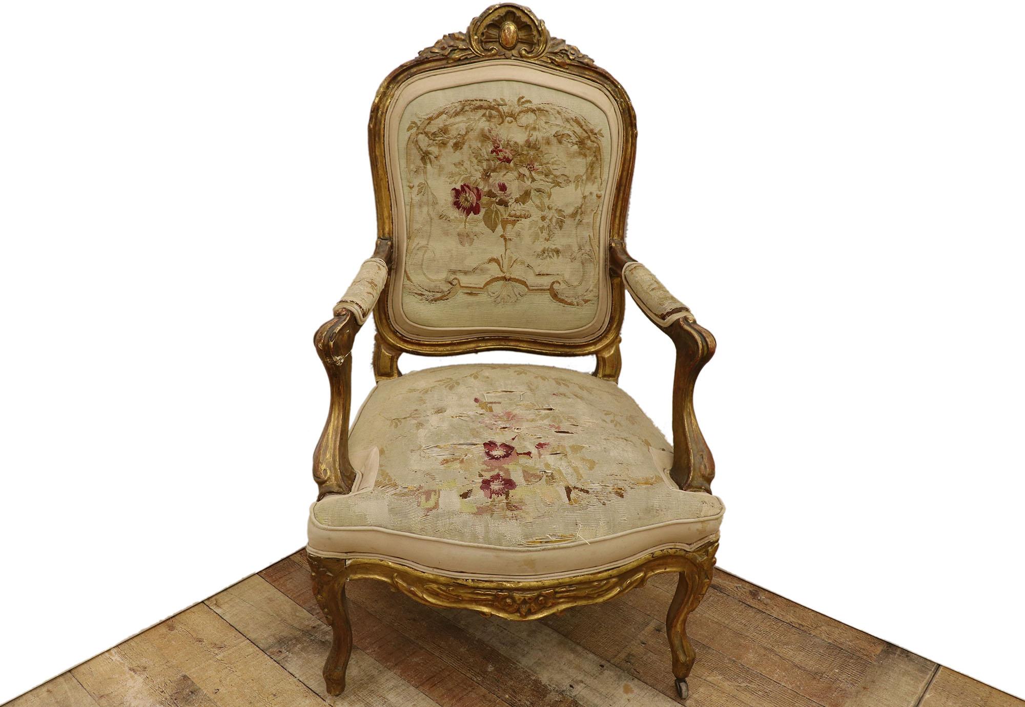 1870's Antique French Giltwood Aubusson Salon Set, Settee and Fauteuils For Sale 10