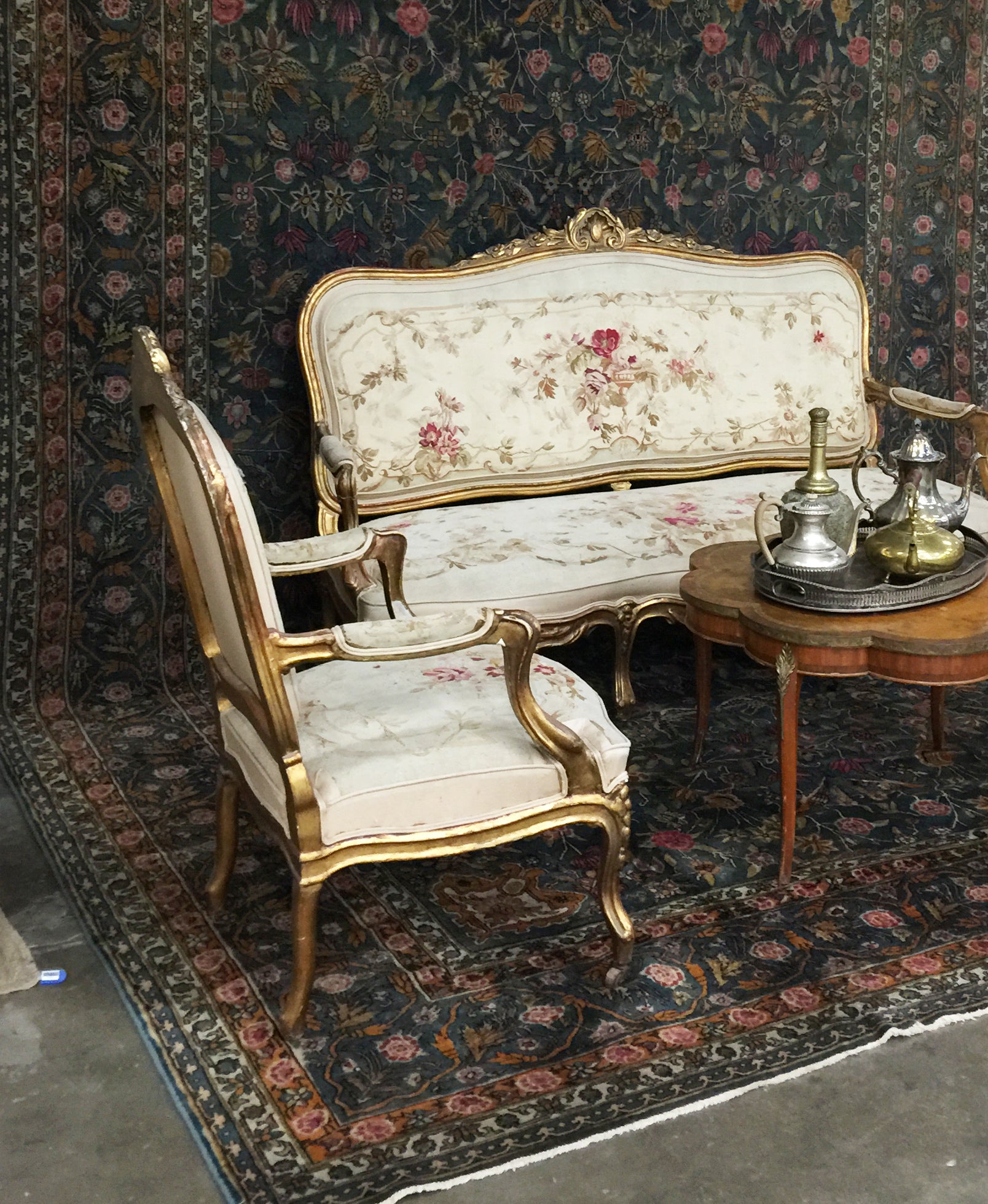 Take a timeless, bespoke design, mix in a dash of romantic connotations to get this worn-in bucolic charm aesthetic. Invite the beauty of Louis XV style into your home with this Giltwood Aubusson Tapestry three piece salon suite from the French