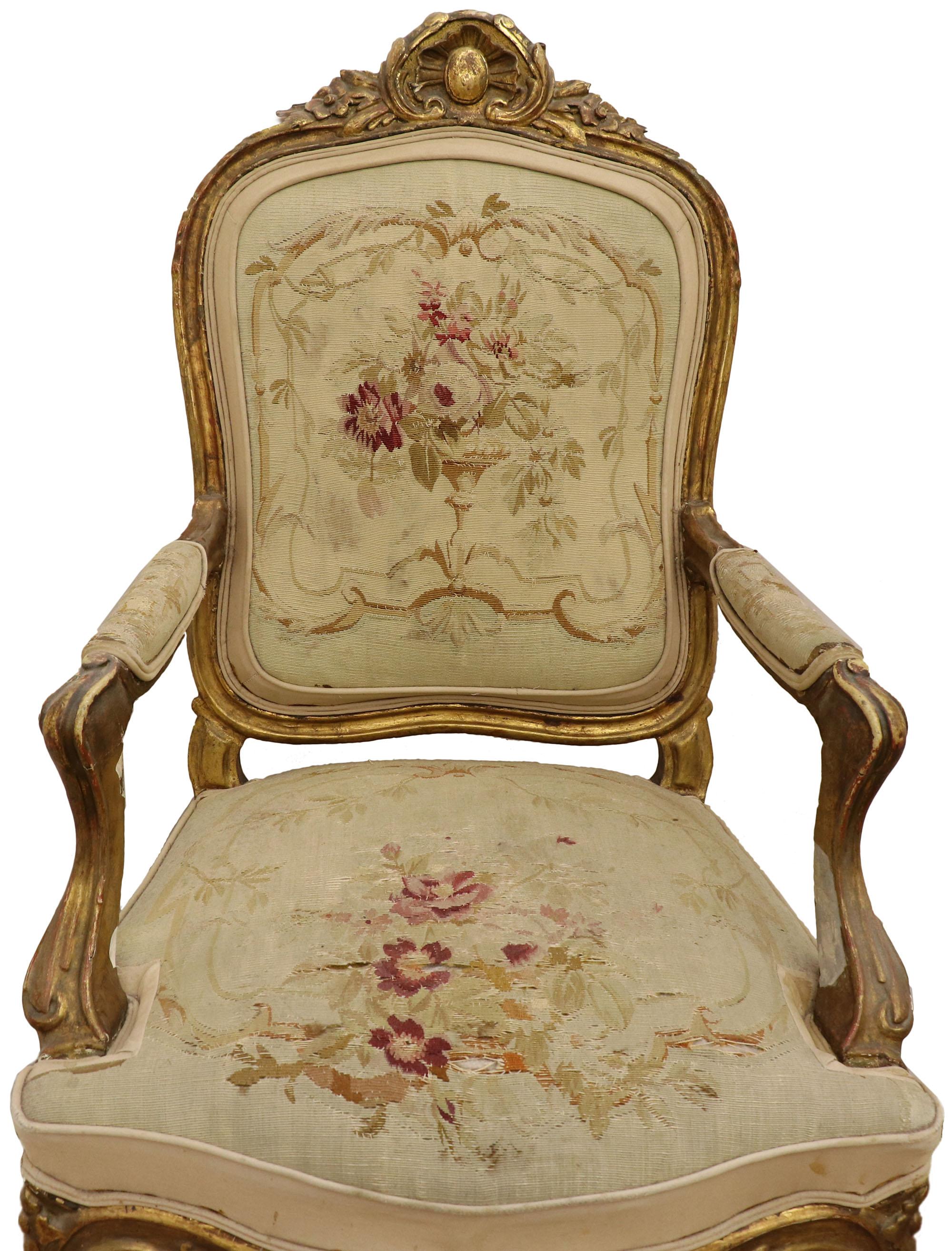 1870's Antique French Giltwood Aubusson Salon Set, Settee and Fauteuils In Distressed Condition For Sale In Dallas, TX