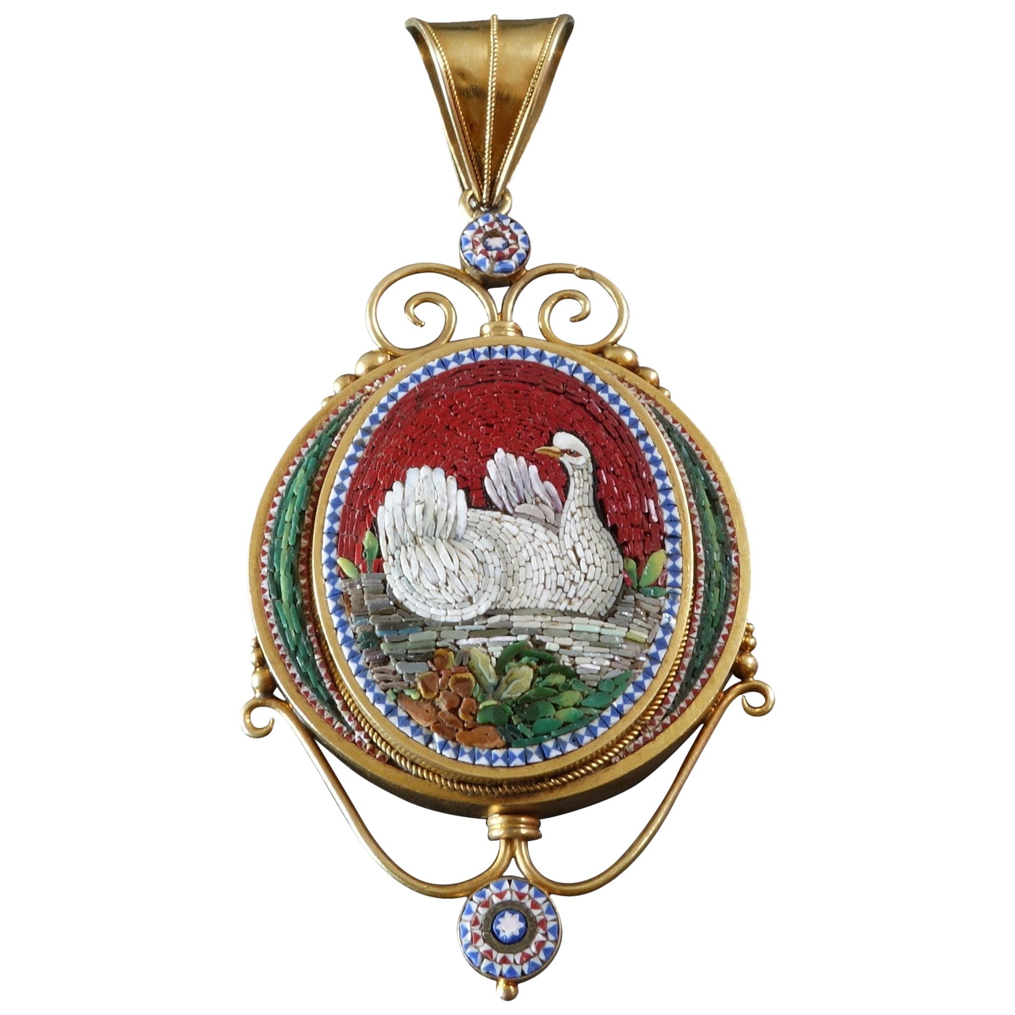 1870s Antique Grand Tour Italian Micromosaic Swan Gold Locket Pendant For Sale