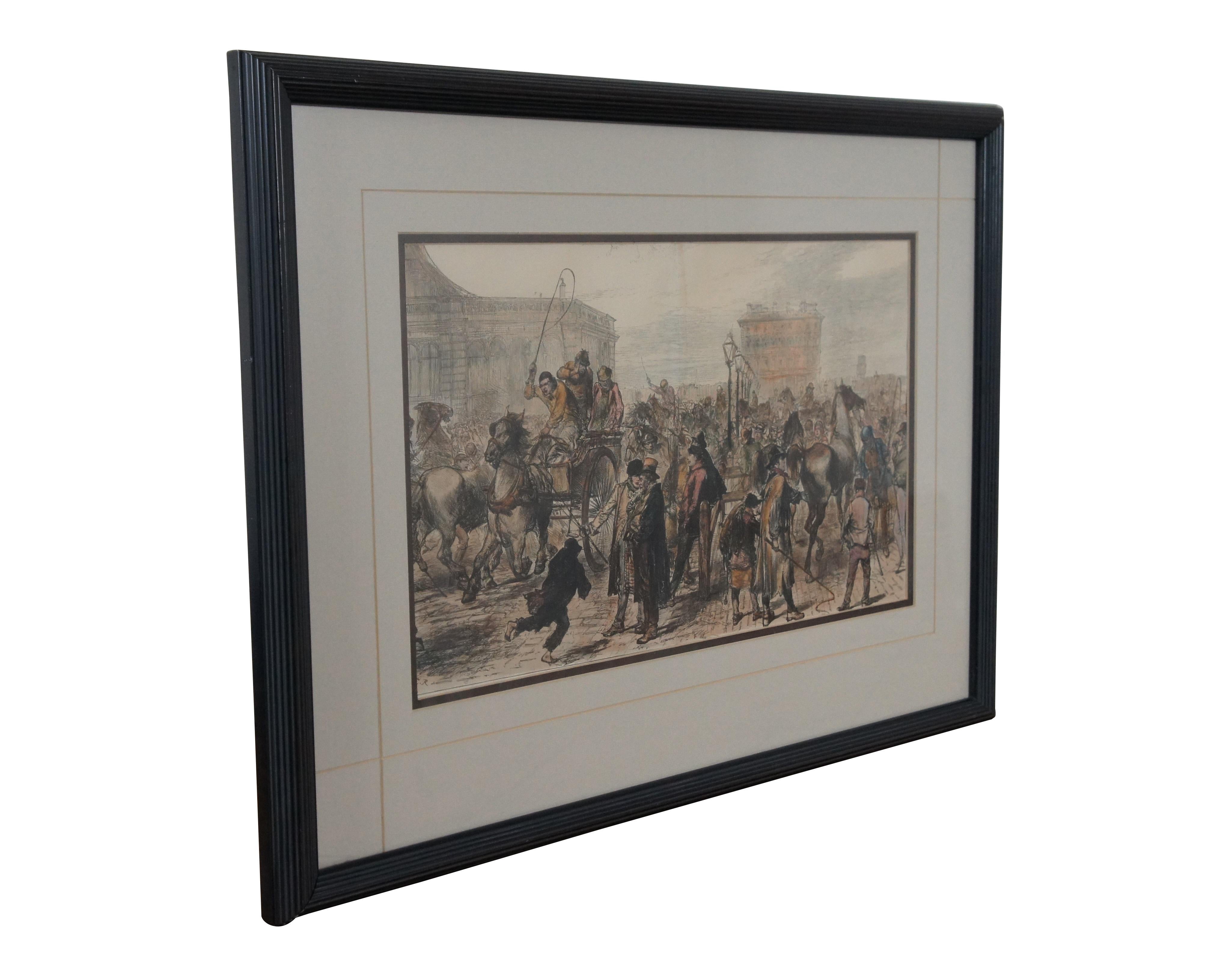 Victorian 1870s Antique Hand Colored Woodcut Engraving Horse Market at Islington Framed For Sale