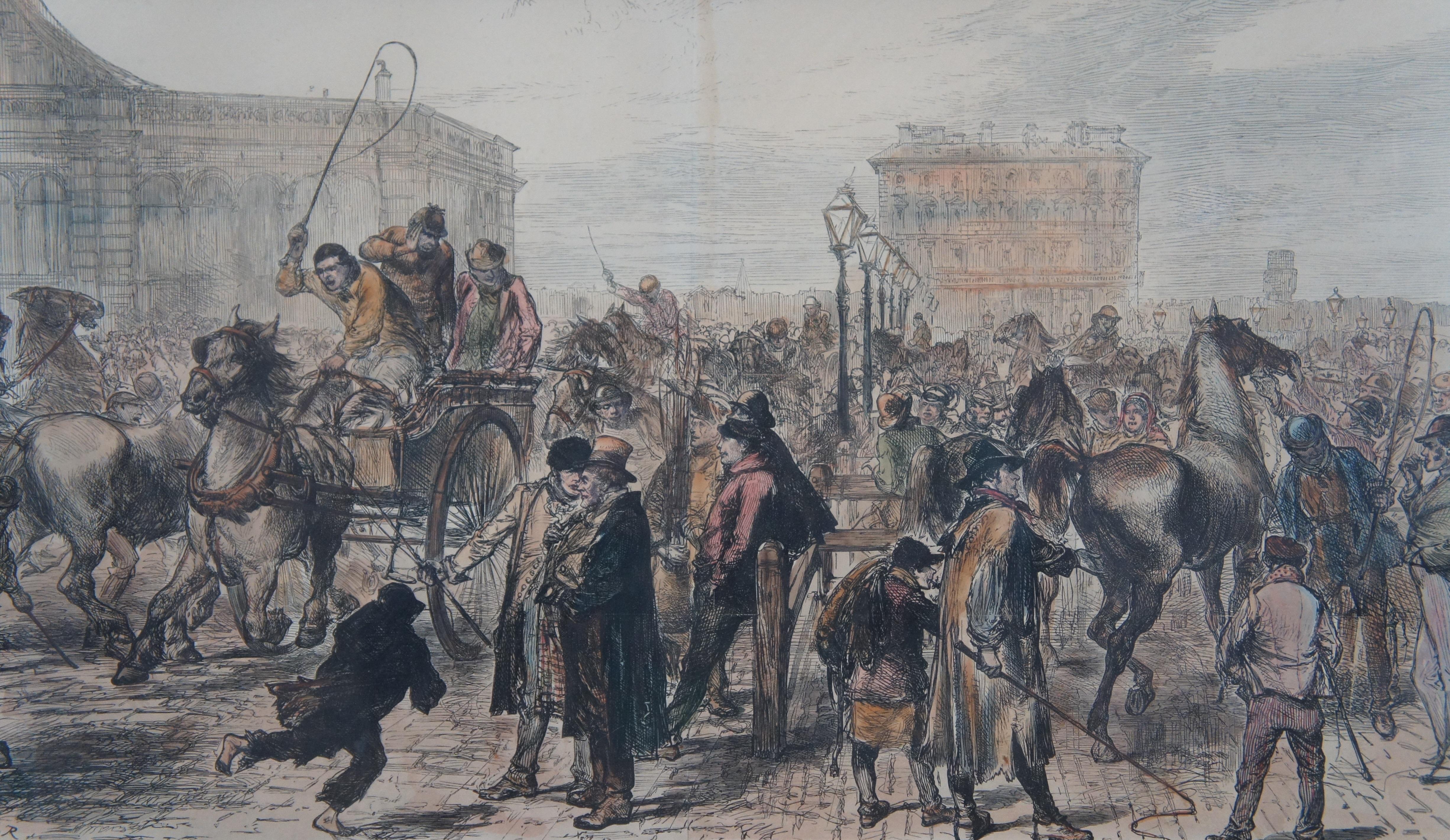 Paper 1870s Antique Hand Colored Woodcut Engraving Horse Market at Islington Framed For Sale