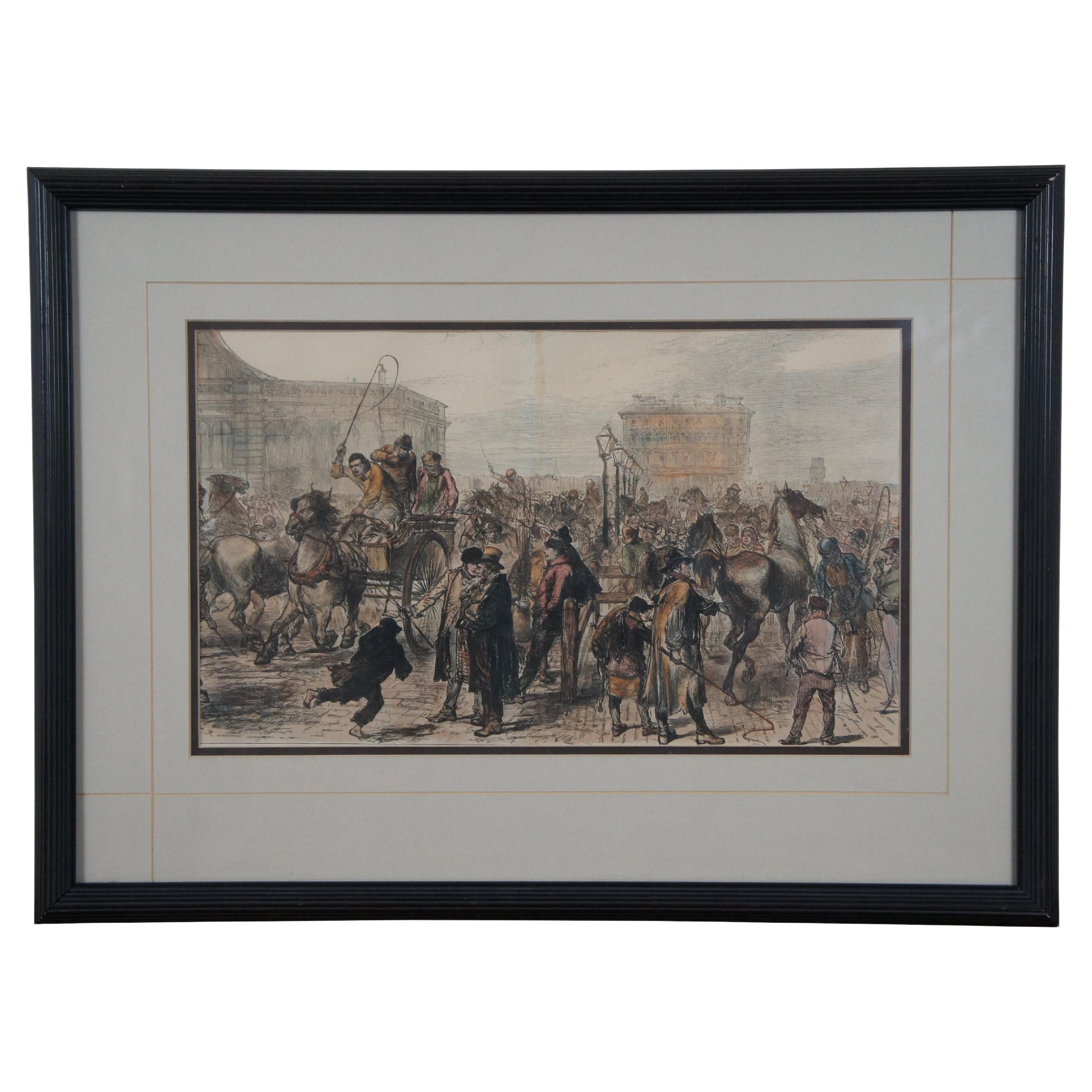 1870s Antique Hand Colored Woodcut Engraving Horse Market at Islington Framed For Sale