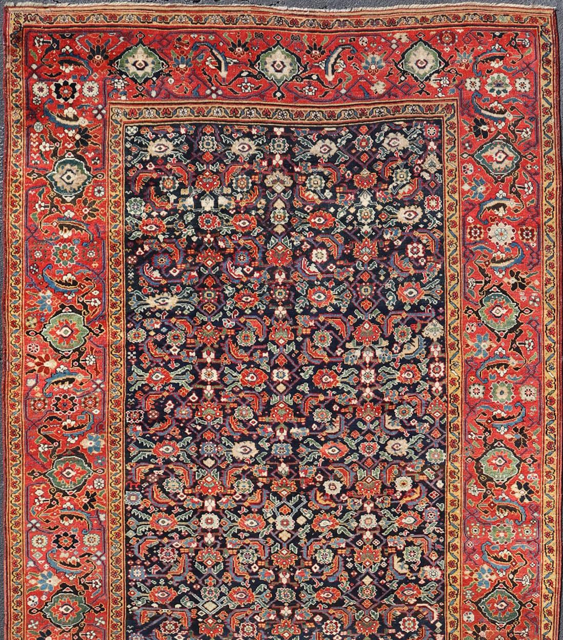 années 1870's Antique N.W. Grande galerie persane  Tapis à fond bleu, bordure rouge en vente 3