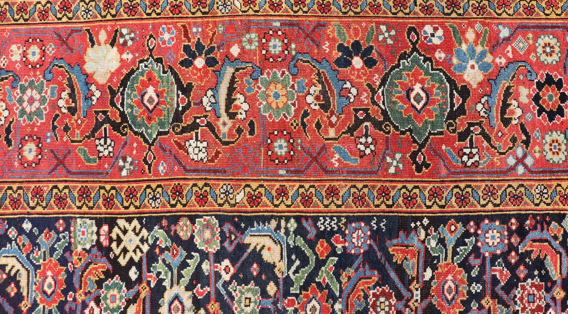 Noué à la main années 1870's Antique N.W. Grande galerie persane  Tapis à fond bleu, bordure rouge en vente