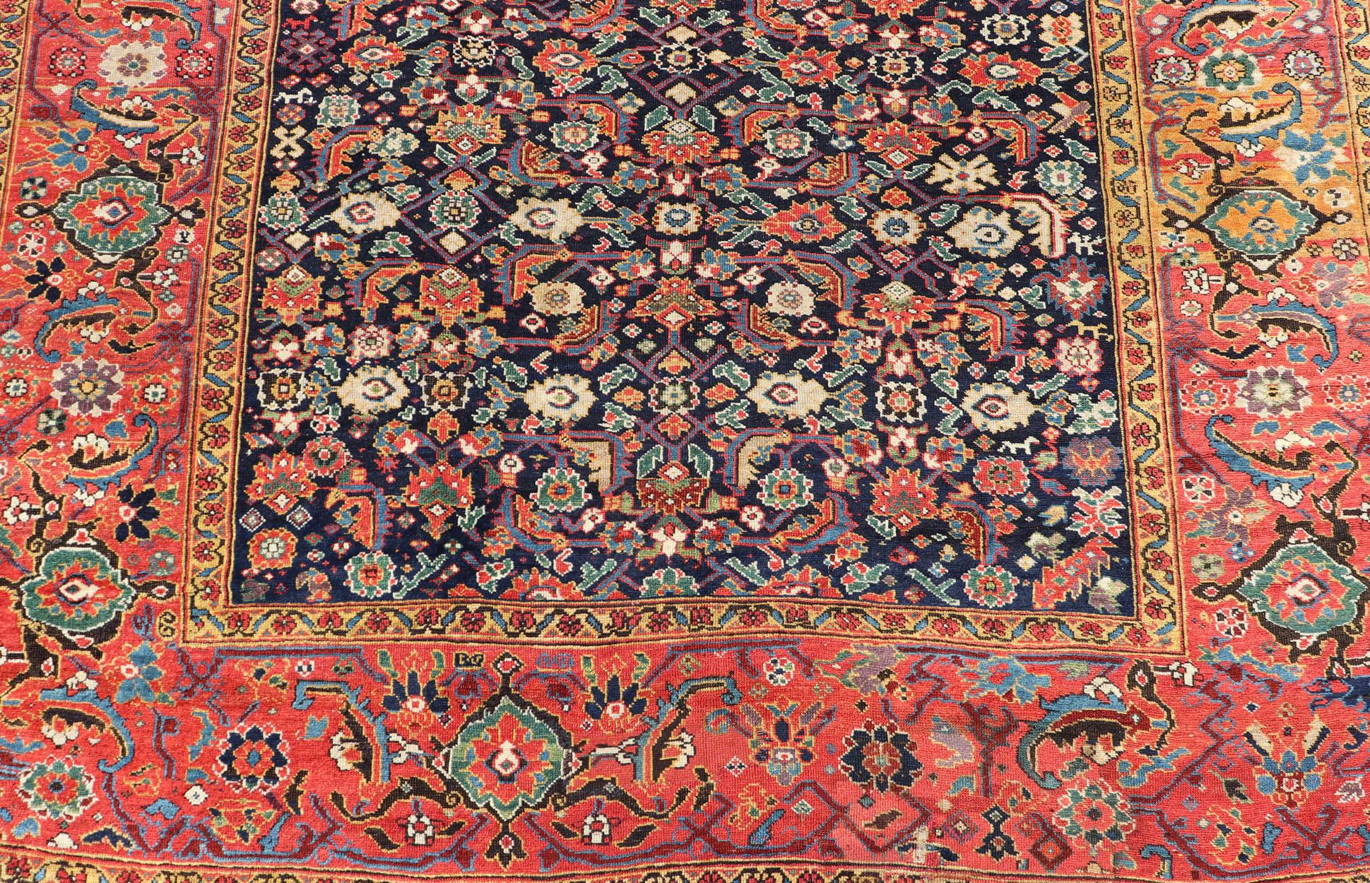 XIXe siècle années 1870's Antique N.W. Grande galerie persane  Tapis à fond bleu, bordure rouge en vente