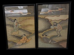 1870s Antique Pair of Chinese Silk Pictorial Human Figure Kesi Textile 9" x 1'