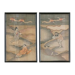 1870s Antique Pair of Chinese Silk Pictorial Human Figure Kesi Textile 9" x 1'