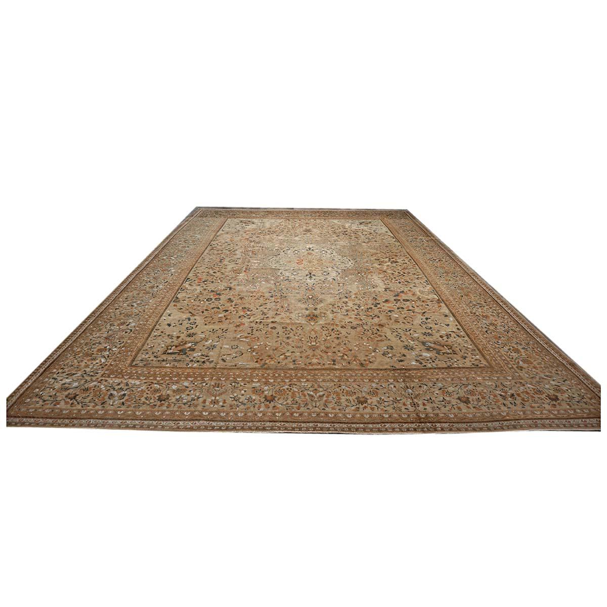 We present a beautiful wool & silk tan background, large scale, Medallion Design Antique Persian Ziegler Sultanabad Rug #9902456. Ziegler Sultanabad carpets are classics in the world of interior design, and they continue to be used in many new and