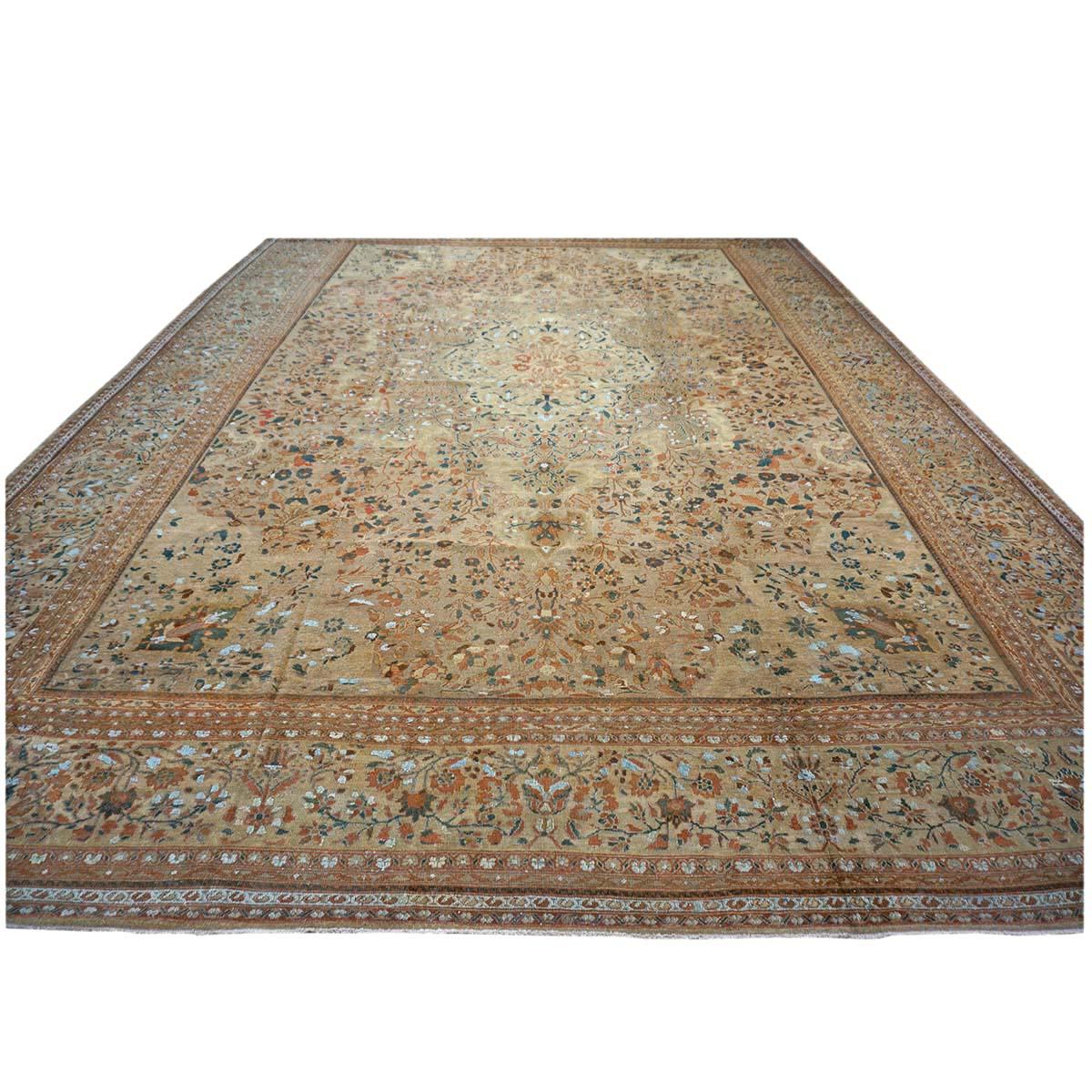 Hand-Woven 1870s Antique Persian Ziegler Sultanabad 15x21 Tan, Rust, & Light Blue Area Rug For Sale
