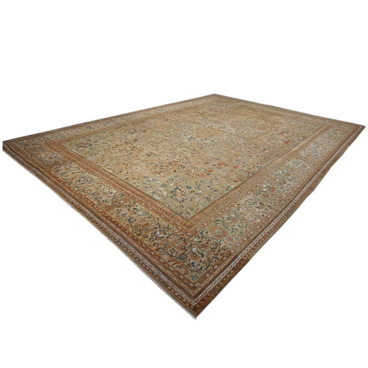 1870s Antique Persian Ziegler Sultanabad 15x21 Tan, Rust, & Light Blue Area Rug In Good Condition For Sale In Houston, TX