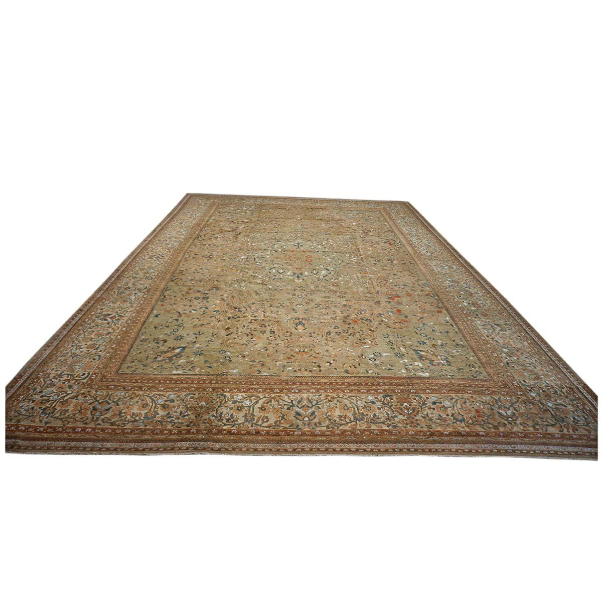 Late 19th Century 1870s Antique Persian Ziegler Sultanabad 15x21 Tan, Rust, & Light Blue Area Rug For Sale