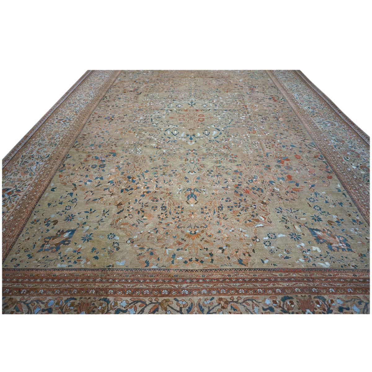 Wool 1870s Antique Persian Ziegler Sultanabad 15x21 Tan, Rust, & Light Blue Area Rug For Sale