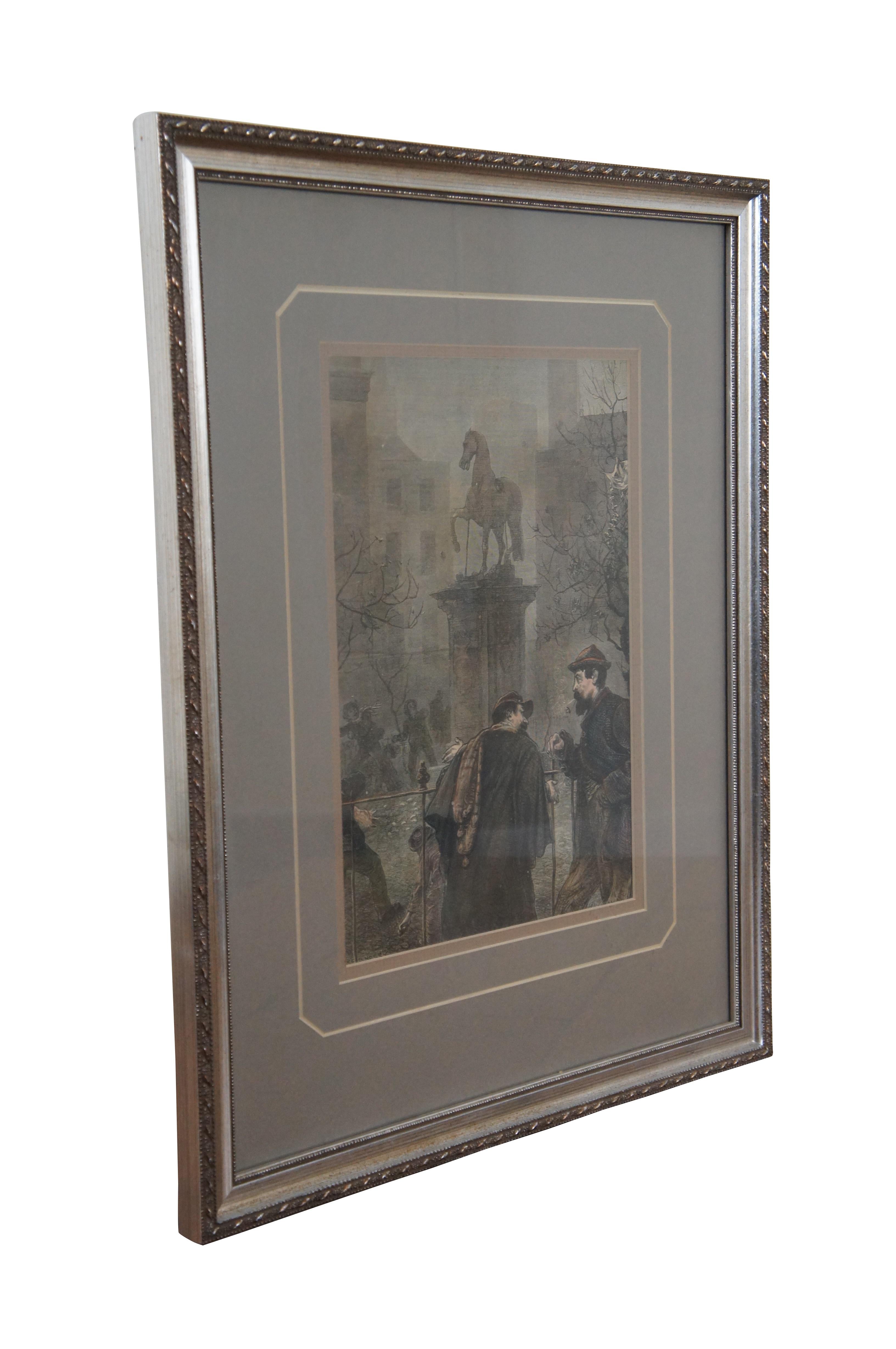 Victorian 1870s Antique Scene in Leicester Square London Hand Colored Engraving Framed 20
