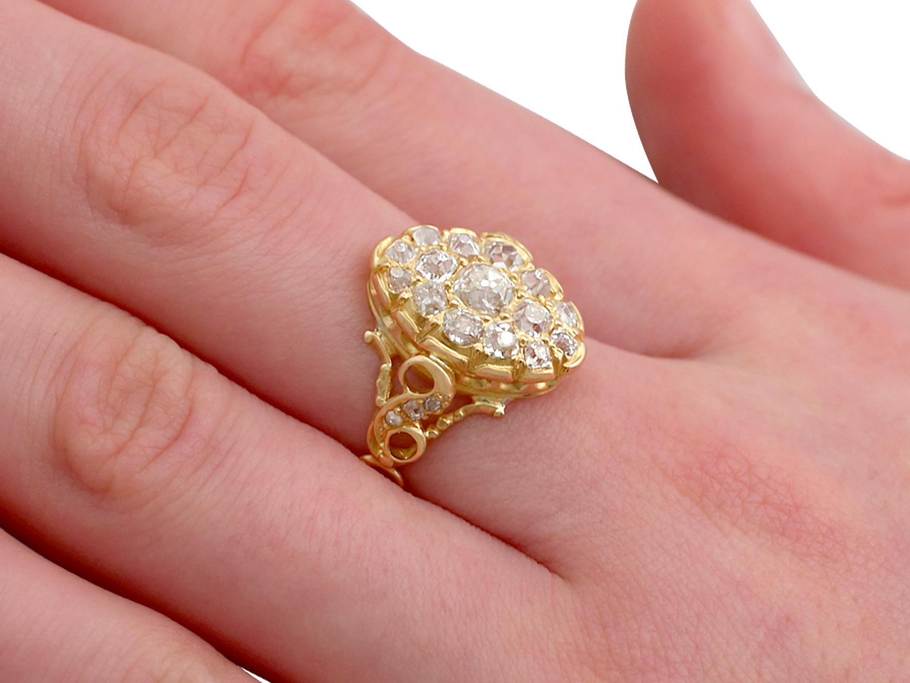 1870s Antique Victorian 1.51 Carat Diamond and Yellow Gold Cocktail Ring 4