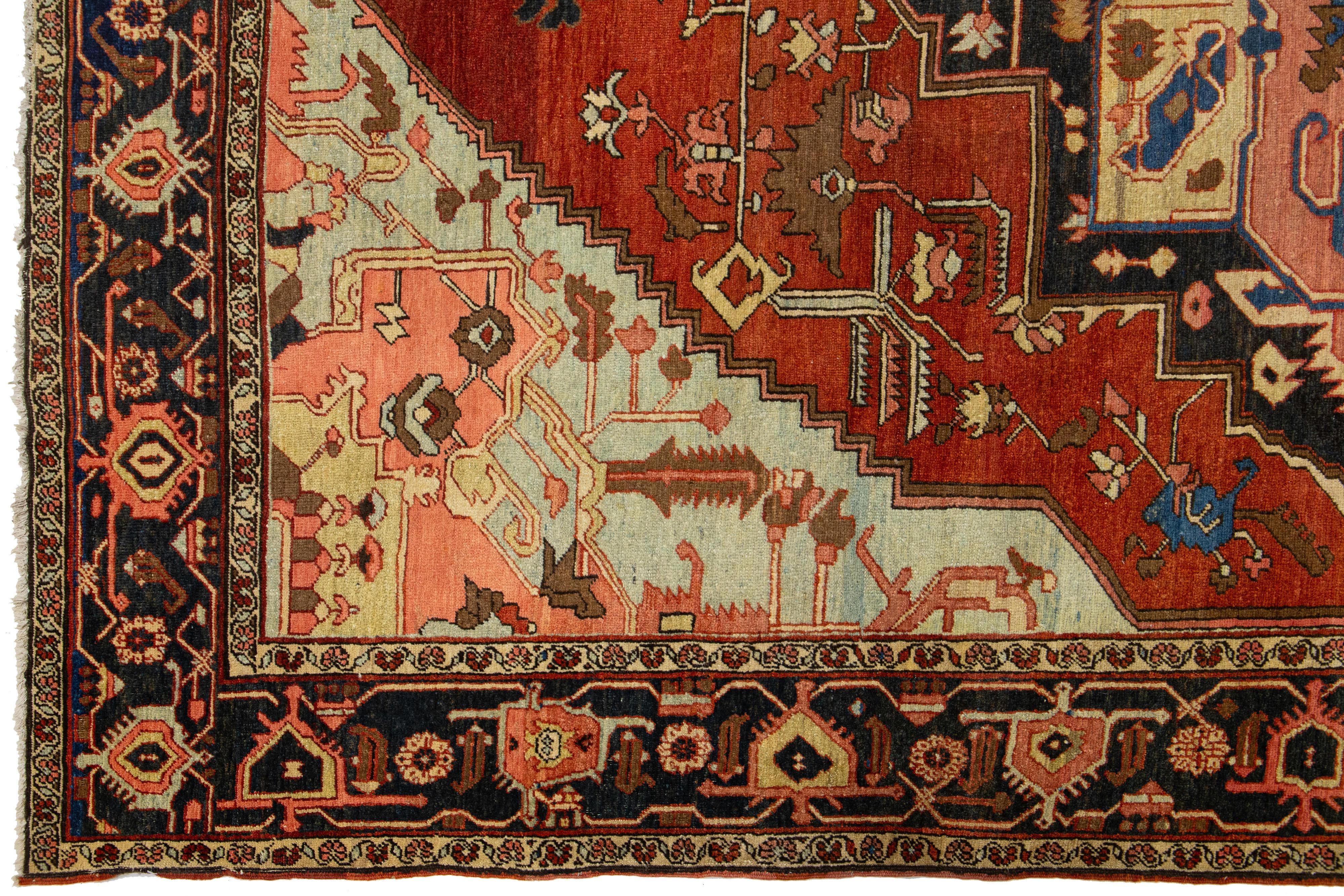19th Century 1870s Antique Wool Rug Persian Serapi Featuring a Medallion Motif In Rust Color For Sale