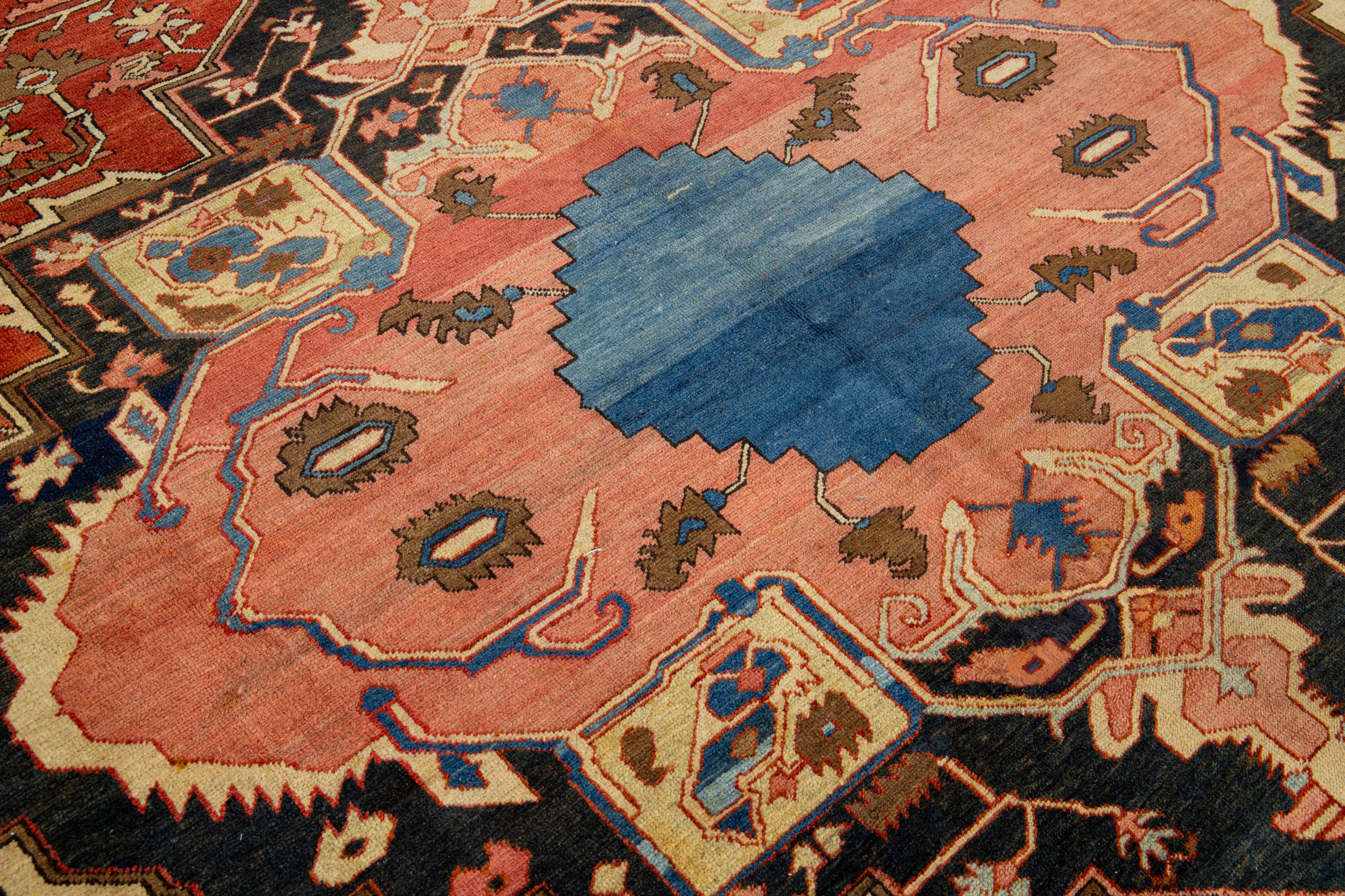 1870s Antique Wool Rug Persian Serapi Featuring a Medallion Motif In Rust Color For Sale 2