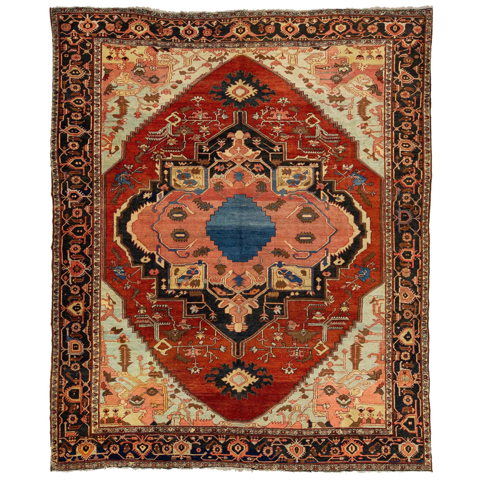 Tapis persan Serapi ancien des années 1870 présentant un motif de médaillon de couleur rouille