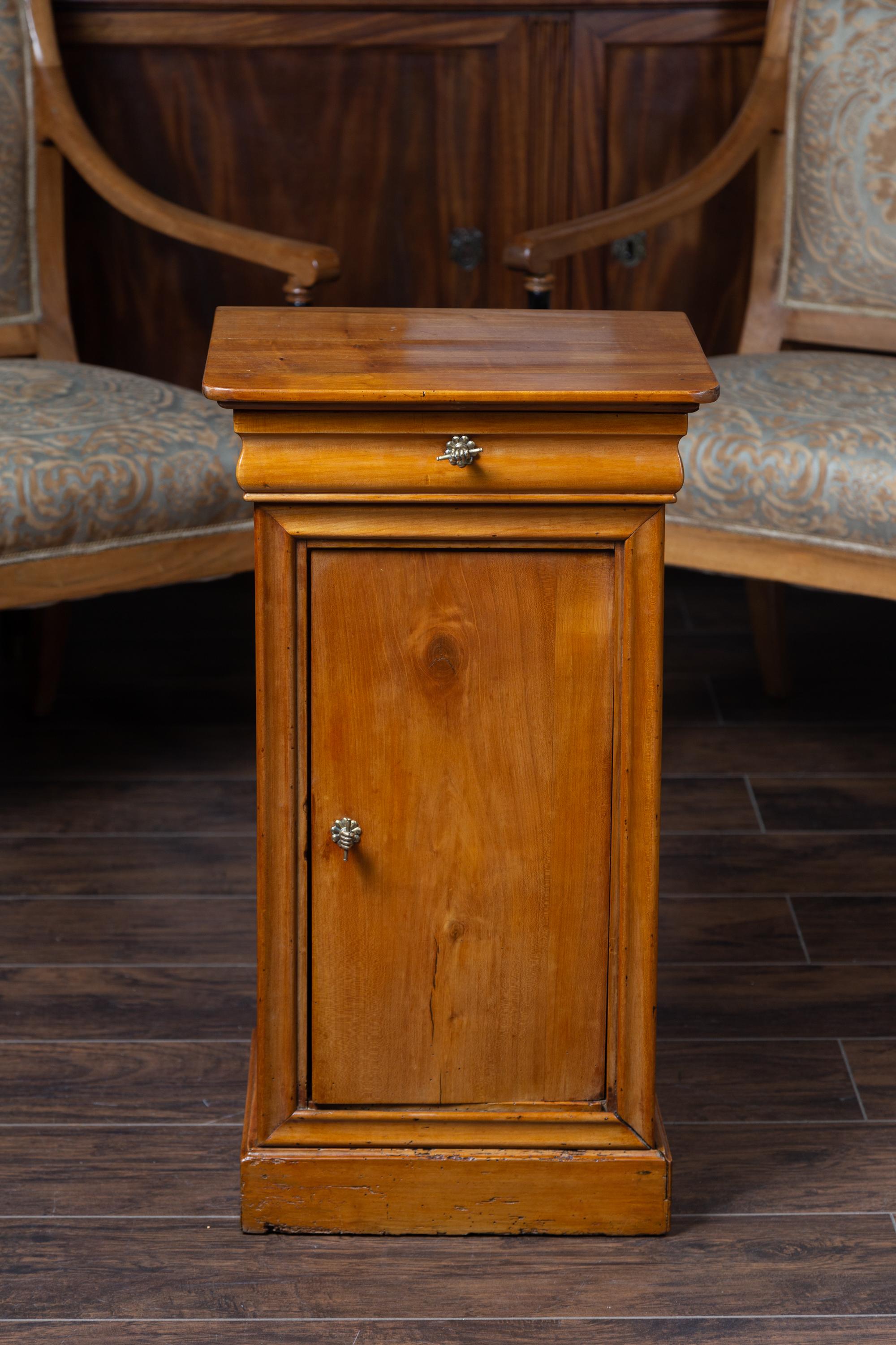 Brass 1870s Austrian Biedermeier Style Walnut Bedside Cabinet with Drawer and Door