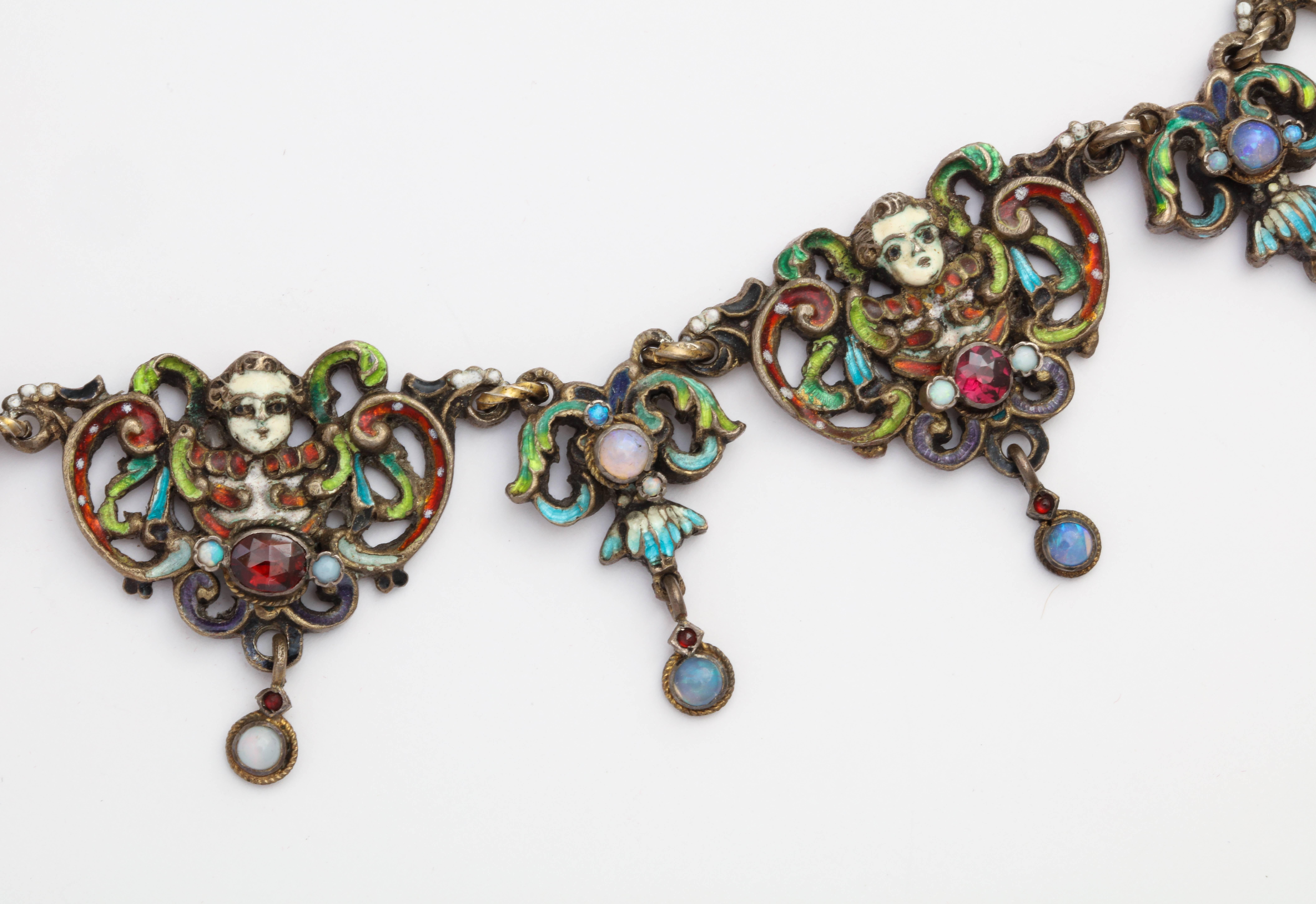 1870er Jahre österreichisch-ungarische Smaragd-Granat-Opal-Emaille-Silber-Halskette im Angebot 4