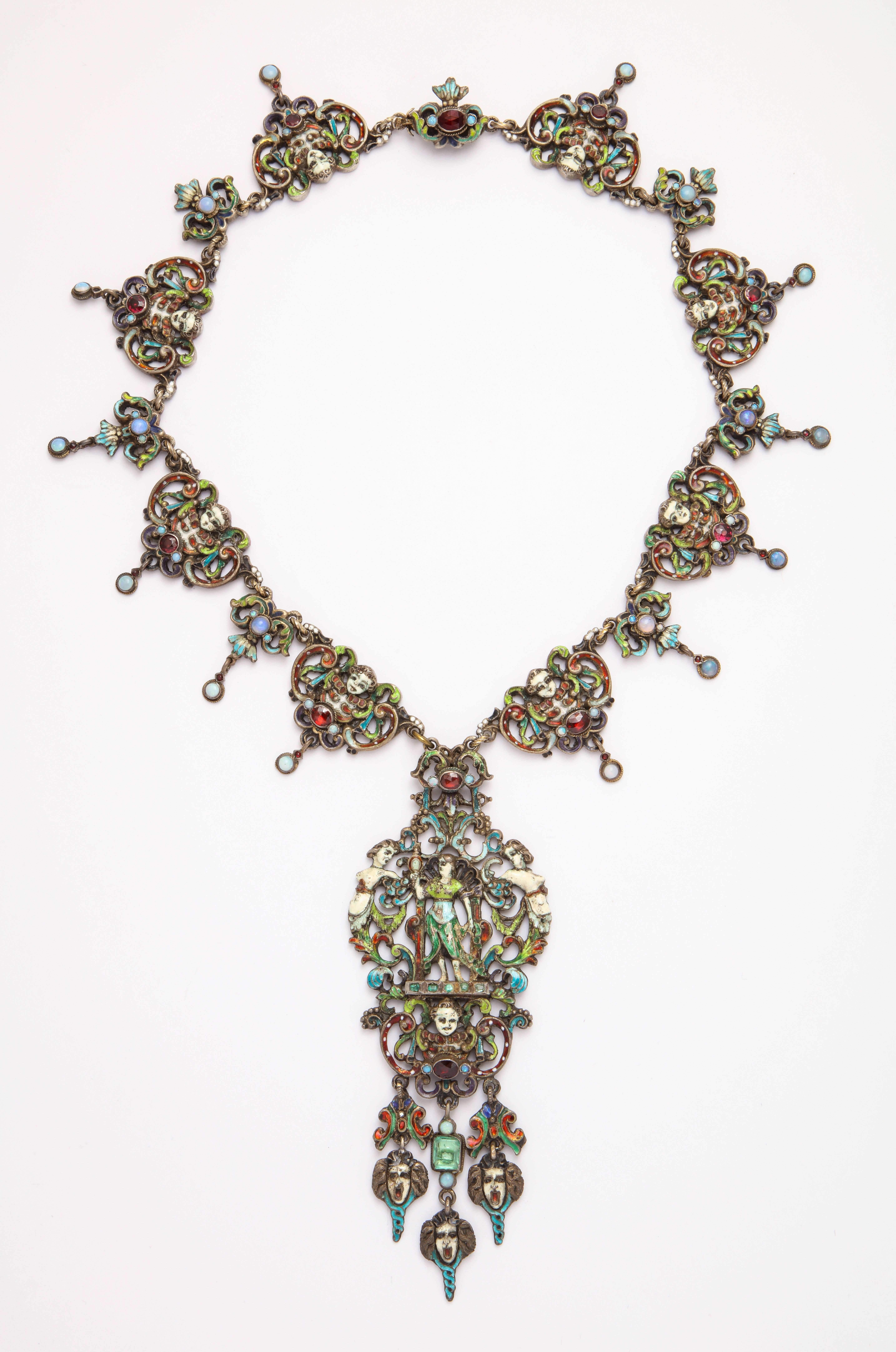 Renaissance Revival 1870s Austro-Hungarian Emerald Garnet Opal Enamel Silver Necklace For Sale