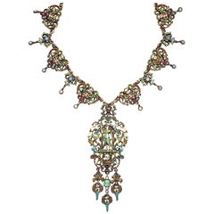 1870s Austro-Hungarian Emerald Garnet Opal Enamel Silver Necklace