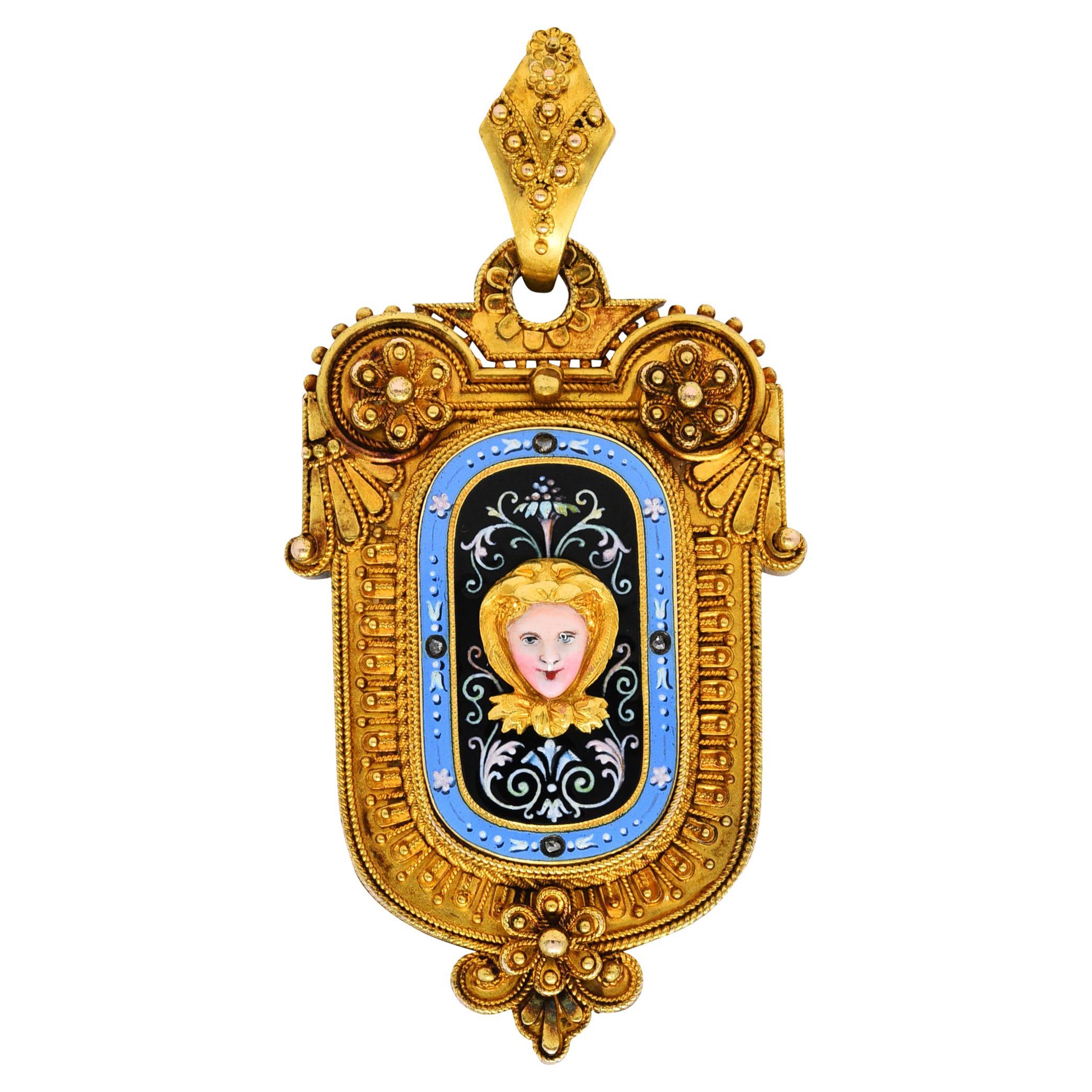 1870's Baroque Enamel Diamond 14 Karat Gold Mourning Locket Pendant