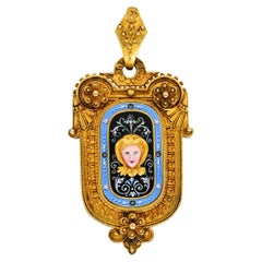 1870's Baroque Enamel Diamond 14 Karat Gold Mourning Locket Pendant