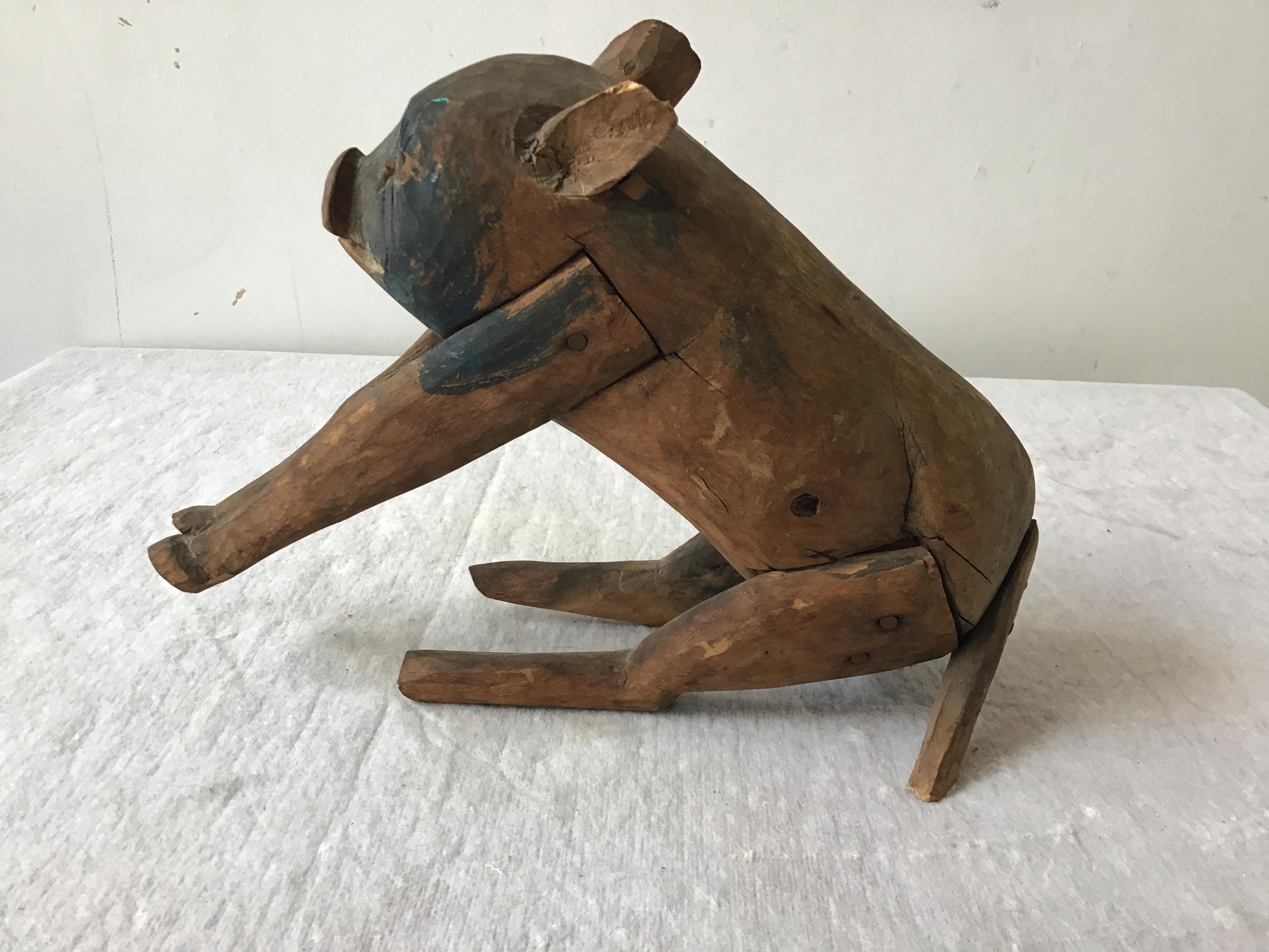 1870s carved wood pig. Great worn paint.