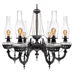 Vintage 1870s Cast Iron Six-Arm Oil Chandelier