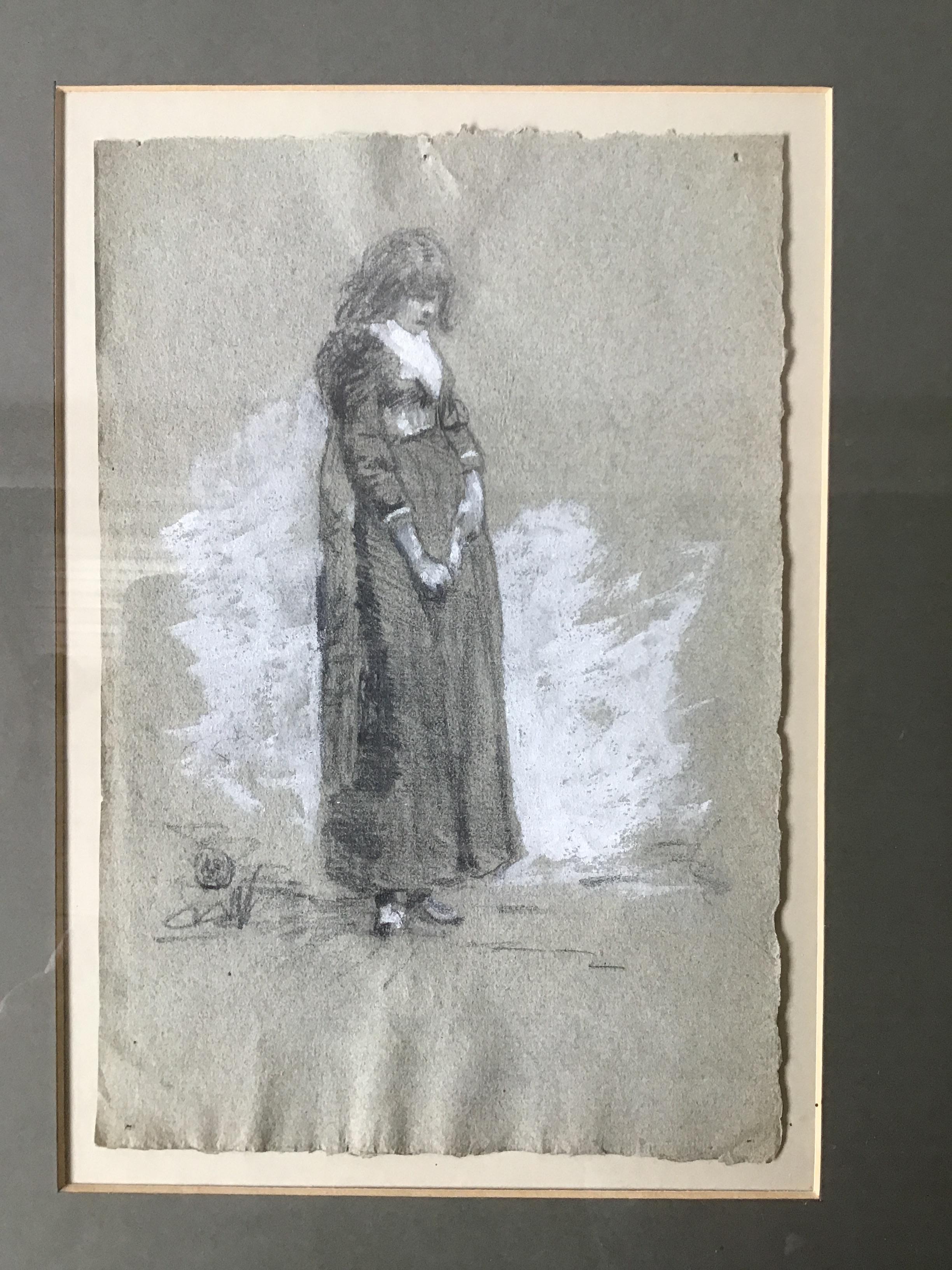 1870s Charcoal drawing of an English girl. Signed.