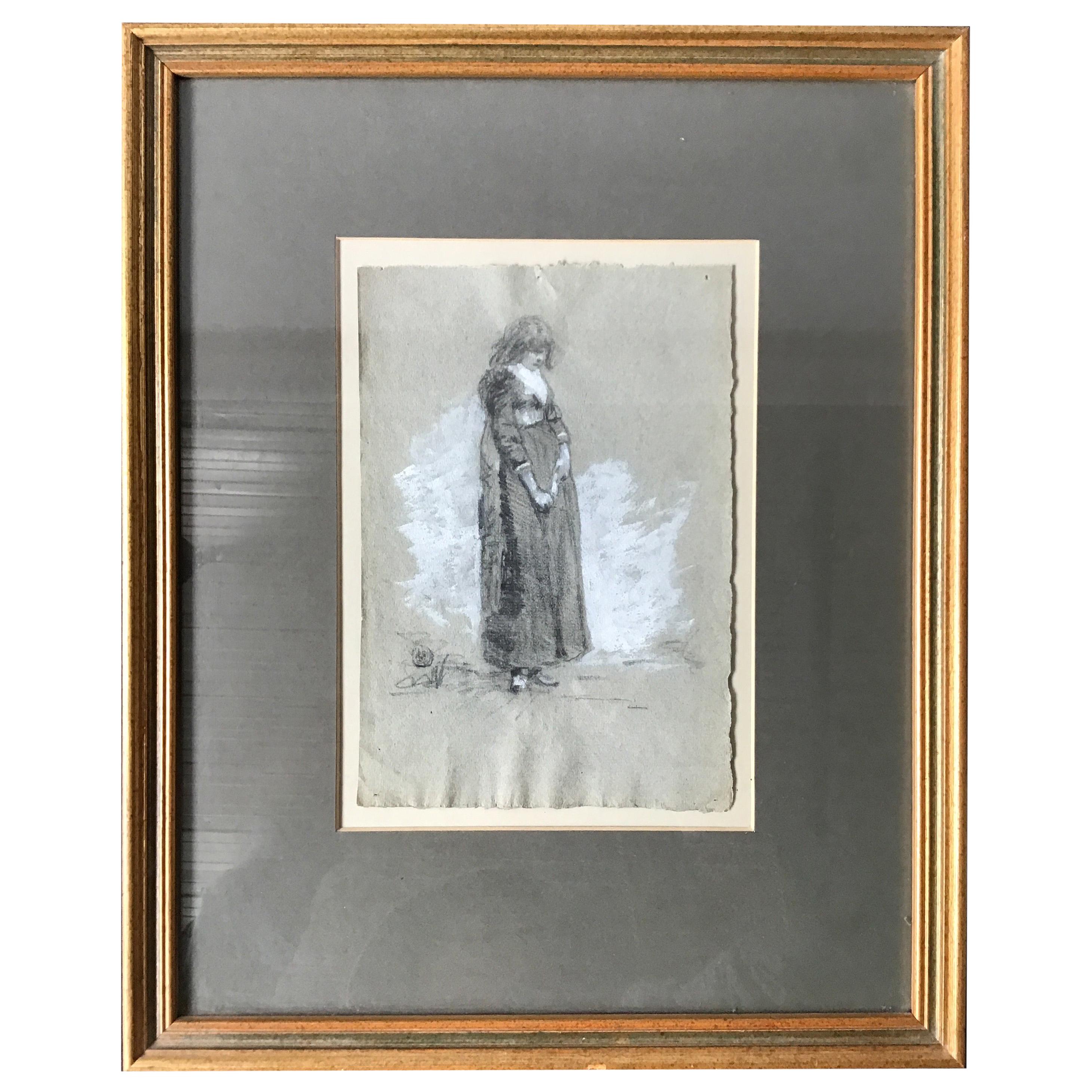 1870s Charcoal Drawing of English Girl For Sale