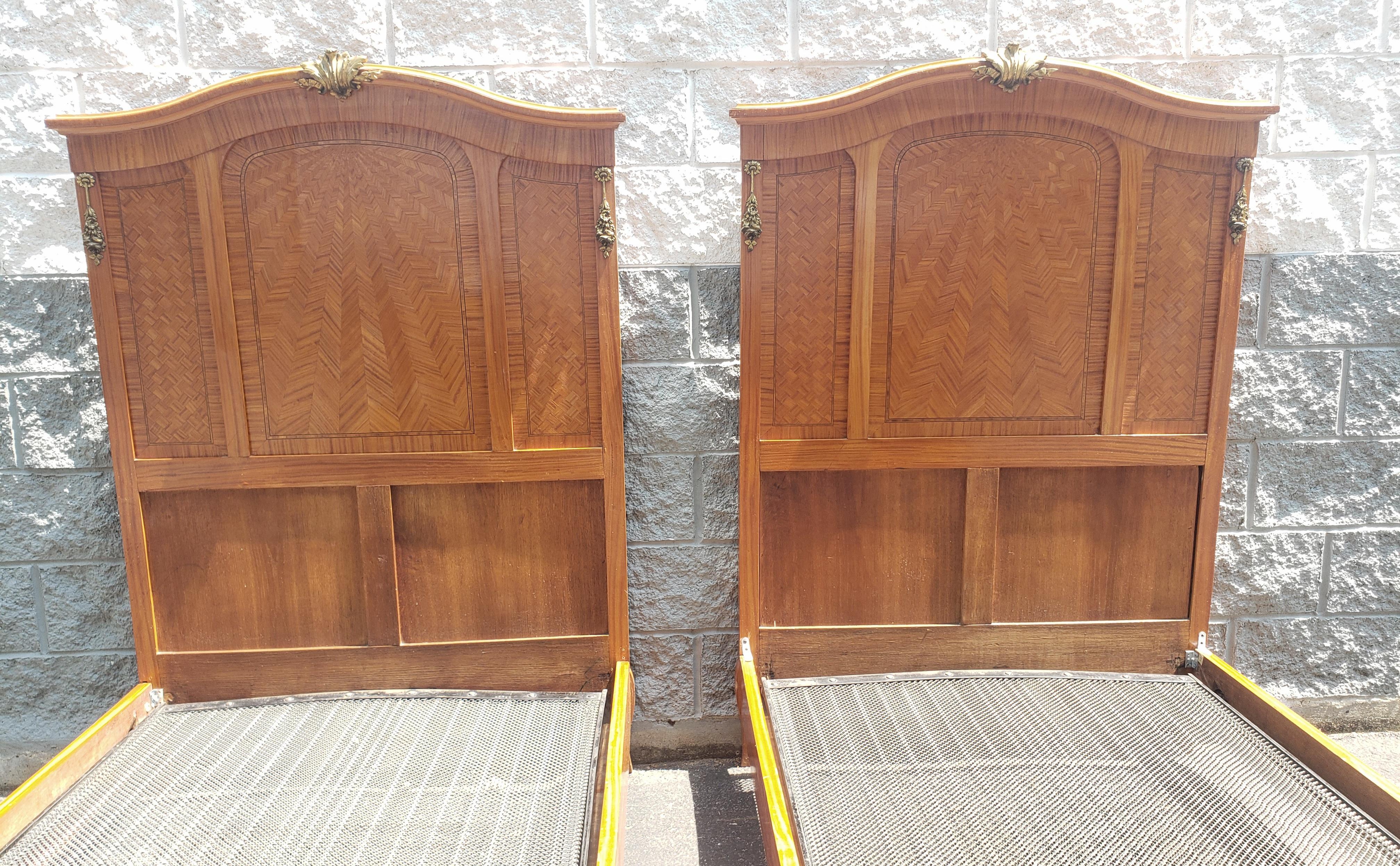 1870s Dutch Rococo Style Fruitwood and Satinwood Inlaid & Ormolu Bedsteads, Pair For Sale 10
