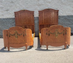 1870s Dutch Rococo Style Fruitwood and Satinwood Inlaid & Ormolu Bedsteads, Pair