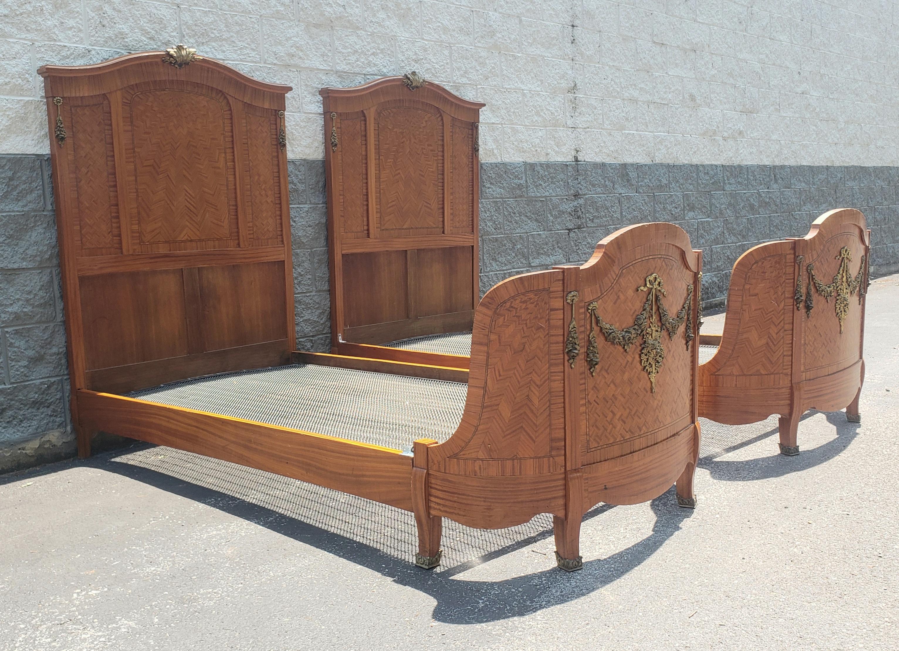 Rococo Revival 1870s Dutch Rococo Style Fruitwood and Satinwood Inlaid & Ormolu Bedsteads, Pair For Sale