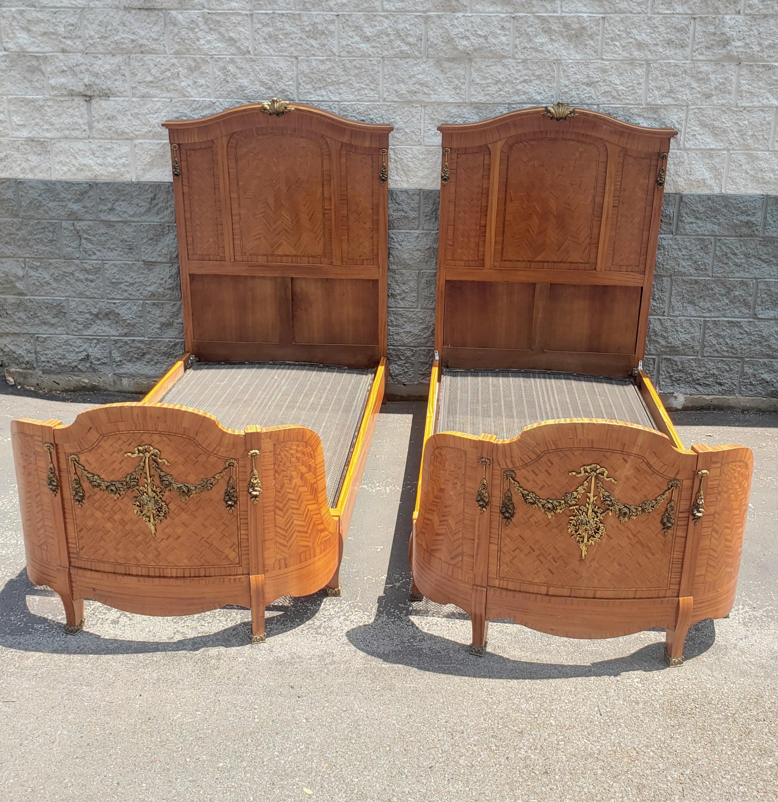 Inlay 1870s Dutch Rococo Style Fruitwood and Satinwood Inlaid & Ormolu Bedsteads, Pair For Sale