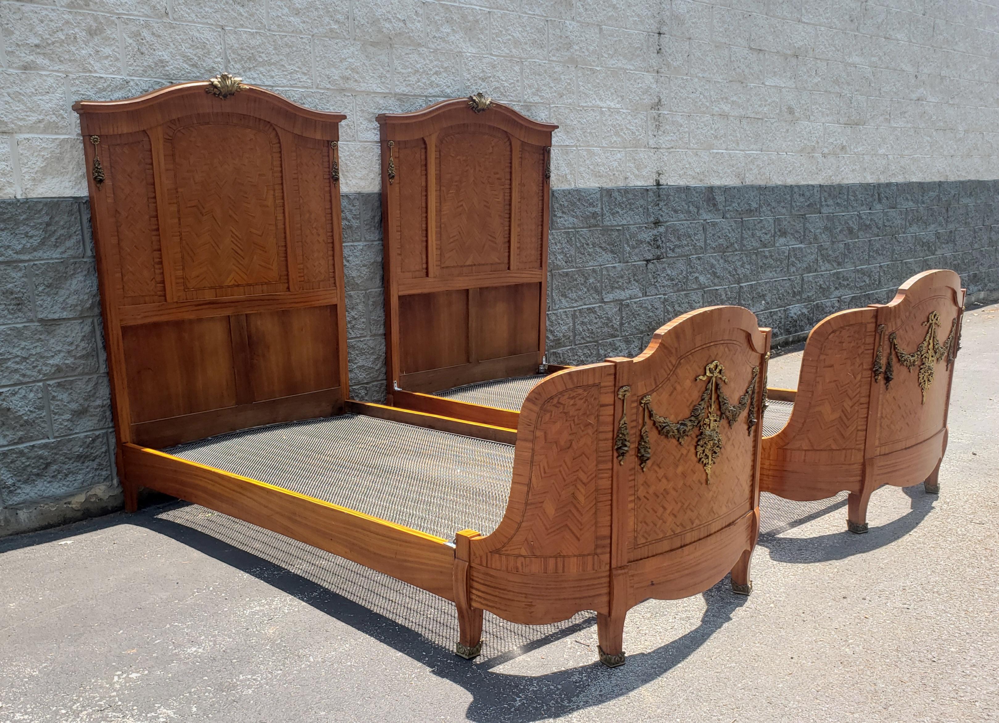 1870s Dutch Rococo Style Fruitwood and Satinwood Inlaid & Ormolu Bedsteads, Pair In Good Condition For Sale In Germantown, MD