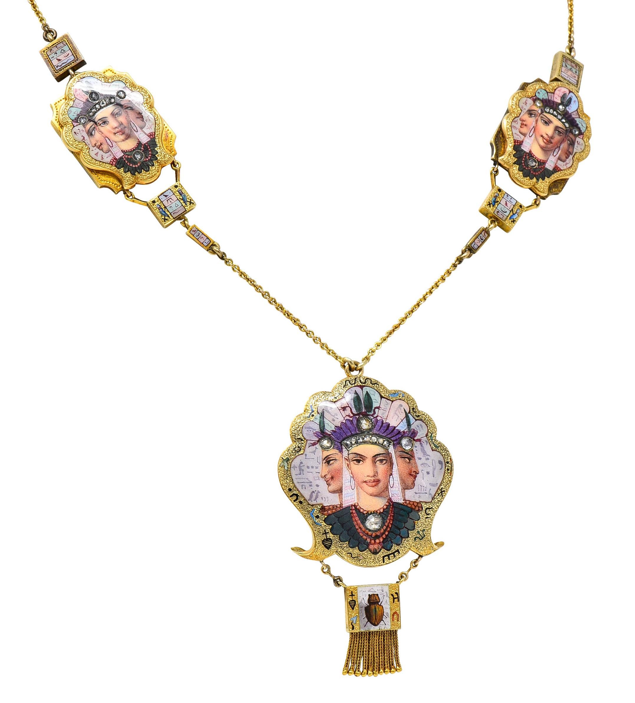 1870's Egyptian Revival Enamel Diamond 18 Karat Gold Goddess Victorian Necklace 5