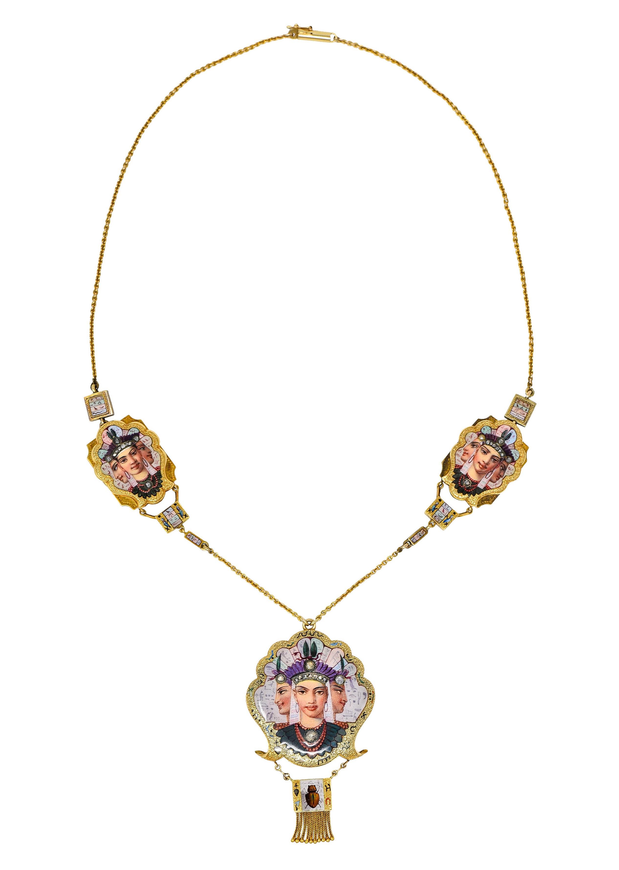 1870's Egyptian Revival Enamel Diamond 18 Karat Gold Goddess Victorian Necklace 6
